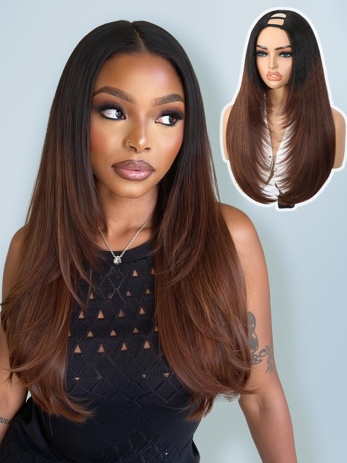 Yaki Straight Layered U Part Wigs V Part Glueless Clip in Half Wigs for Women Realistic Natural Looking Heat Resistant Synthetic Hair(24inch,Natural Black)