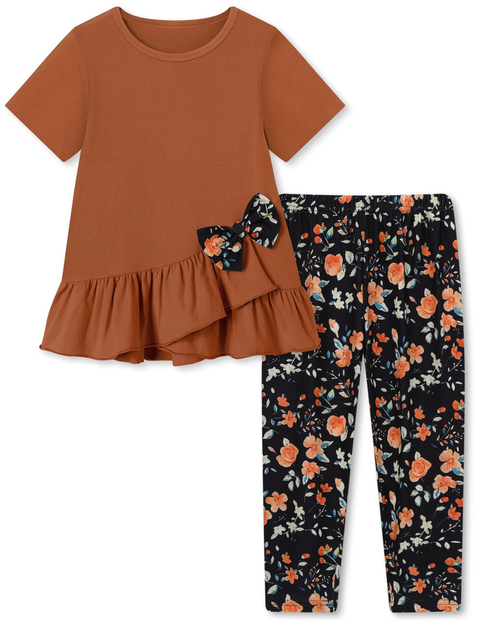 Toddler Girl Clothes 2-8Years Girls Outfit, Short Sleeve Ruffle Bowknot Top+Floral Capri Pants 2Pcs Spring Summer Set