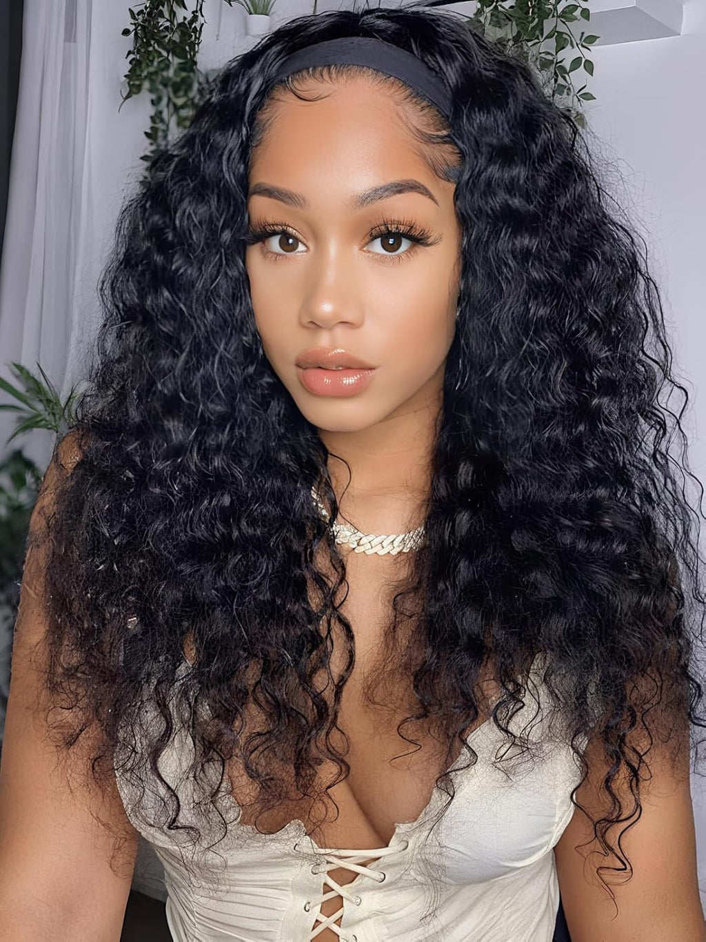 Water Wave Headband Wig Human Hair with Drawstring No-Slip Glueless Headband Half Human Hair Wig 150% Density Natural Black 26 inch