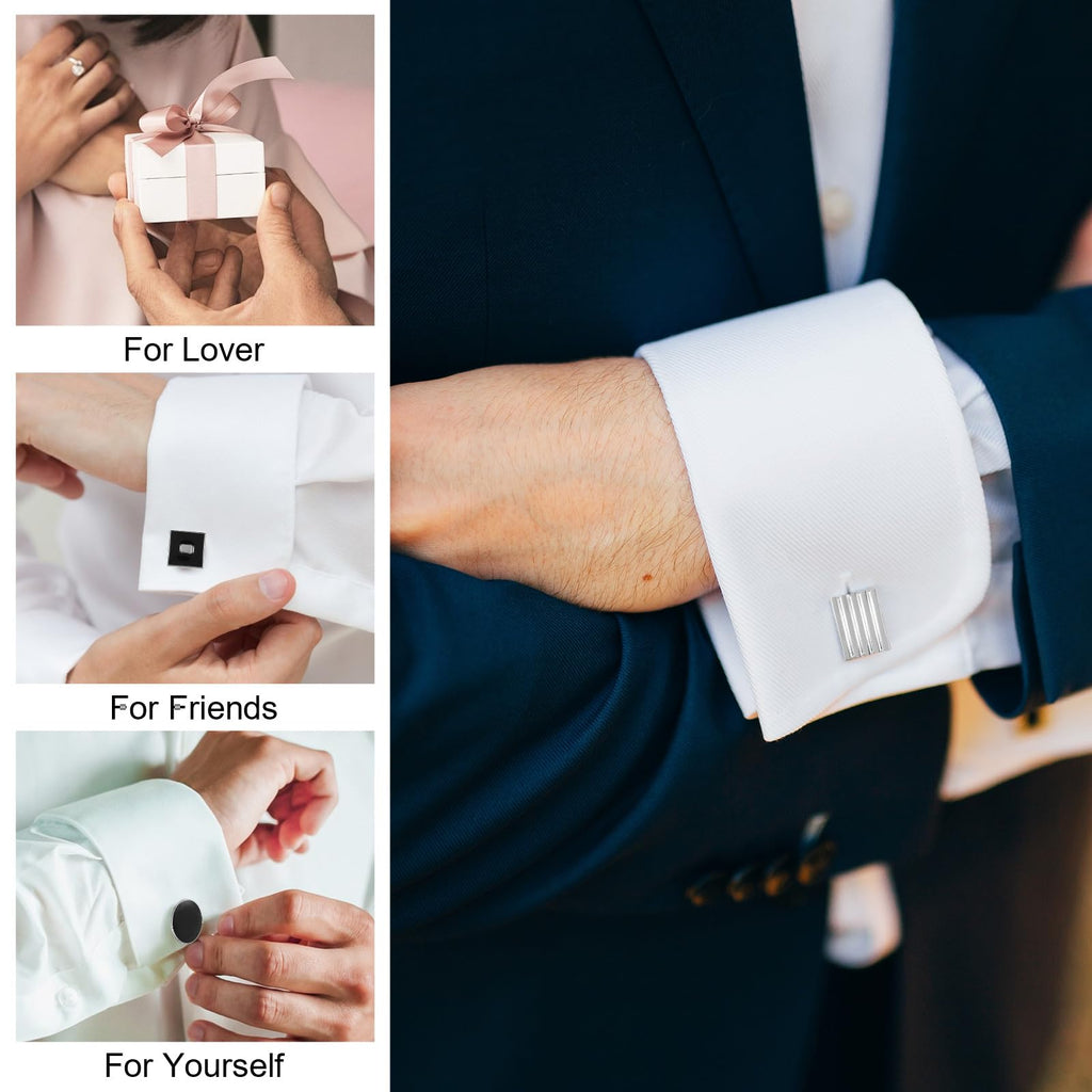 4 Pairs Cufflinks for Men Classic Tone Cuff Links Fashion Men Cufflinks Gold/Sliver Striped Disc Square Rectangle Cuff Links for Business Wedding Party Gift Box