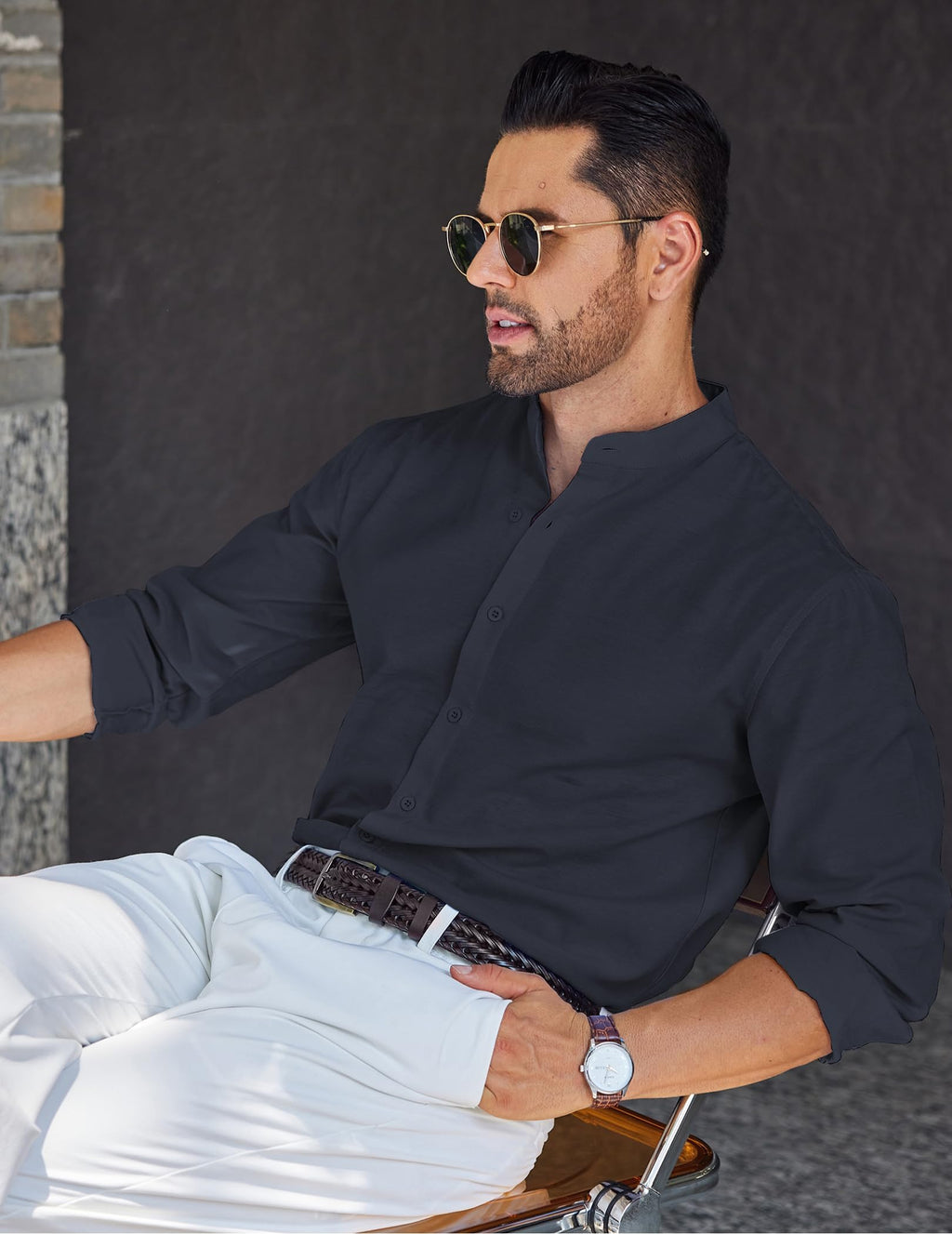 Men's Long Sleeve Oxford Dress Shirts Button Down Shirt Casual Band Collar Shirts