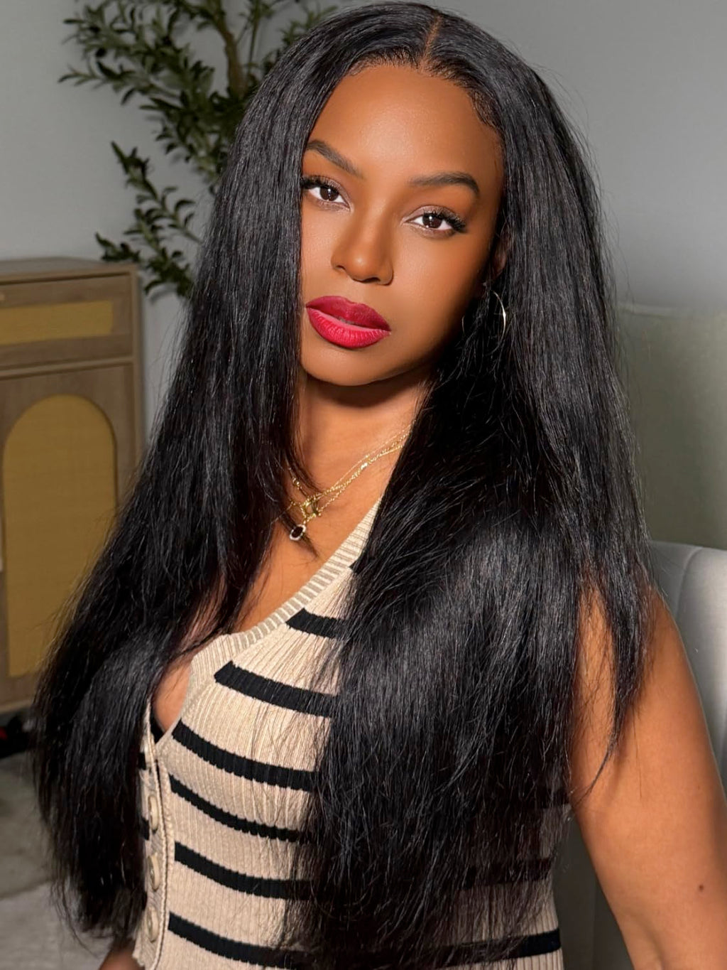 Golden Brown Highlight Glueless Yaki Straight Precut 7x5 Lace Front Wigs Human Hair Drawstring Ombre Pre Plucked Bleached Knots 30S Ready to Wear and Go Wig with Dark Roots 16Inch