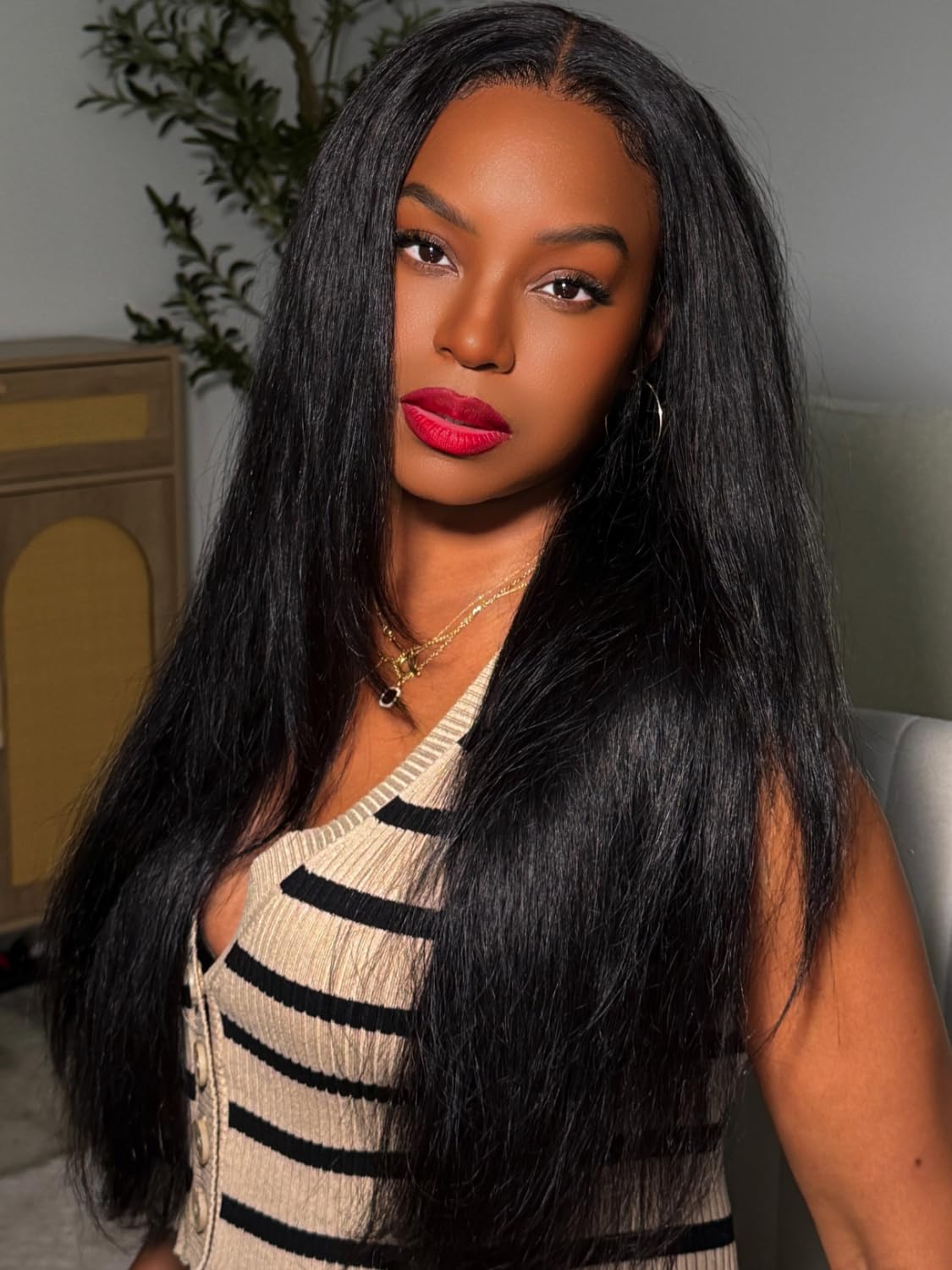 Golden Brown Highlight Glueless Yaki Straight Precut 7x5 Lace Front Wigs Human Hair Drawstring Ombre Pre Plucked Bleached Knots 30S Ready to Wear and Go Wig with Dark Roots 16Inch