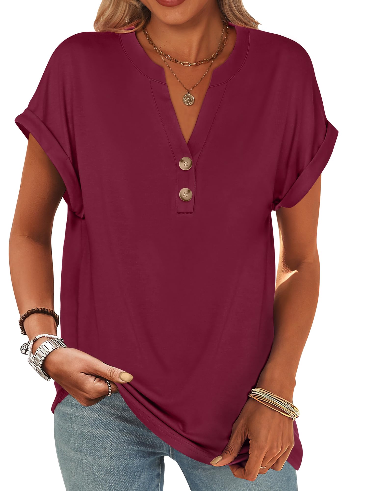 ANRABESS Womens Short Sleeve Henley Tops V Neck Dressy Casual Blouses Summer Trendy Tee Shirts 2026 Vacation Fashion Clothes