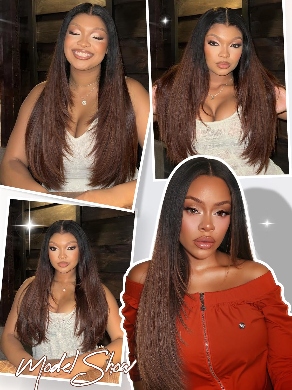 Yaki Straight Layered U Part Wigs V Part Glueless Clip in Half Wigs for Women Realistic Natural Looking Heat Resistant Synthetic Hair(24inch,Natural Black)