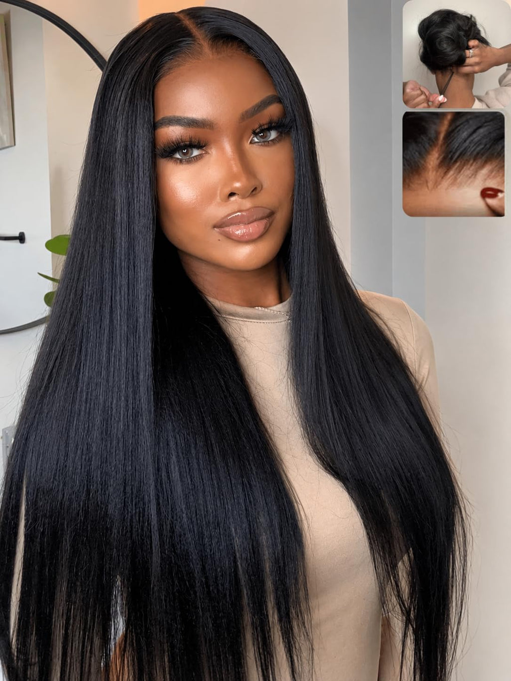 No Slip Yaki Straight Bob Drawstring Wig Human Hair with Flexible Mesh Cap,Glueless Upgrade 7x5 Bye Bye Knots Wig Pre Cut/Plucked/Bleached Ready to Go Short Yaki Bob Wig 180% Density 10inch