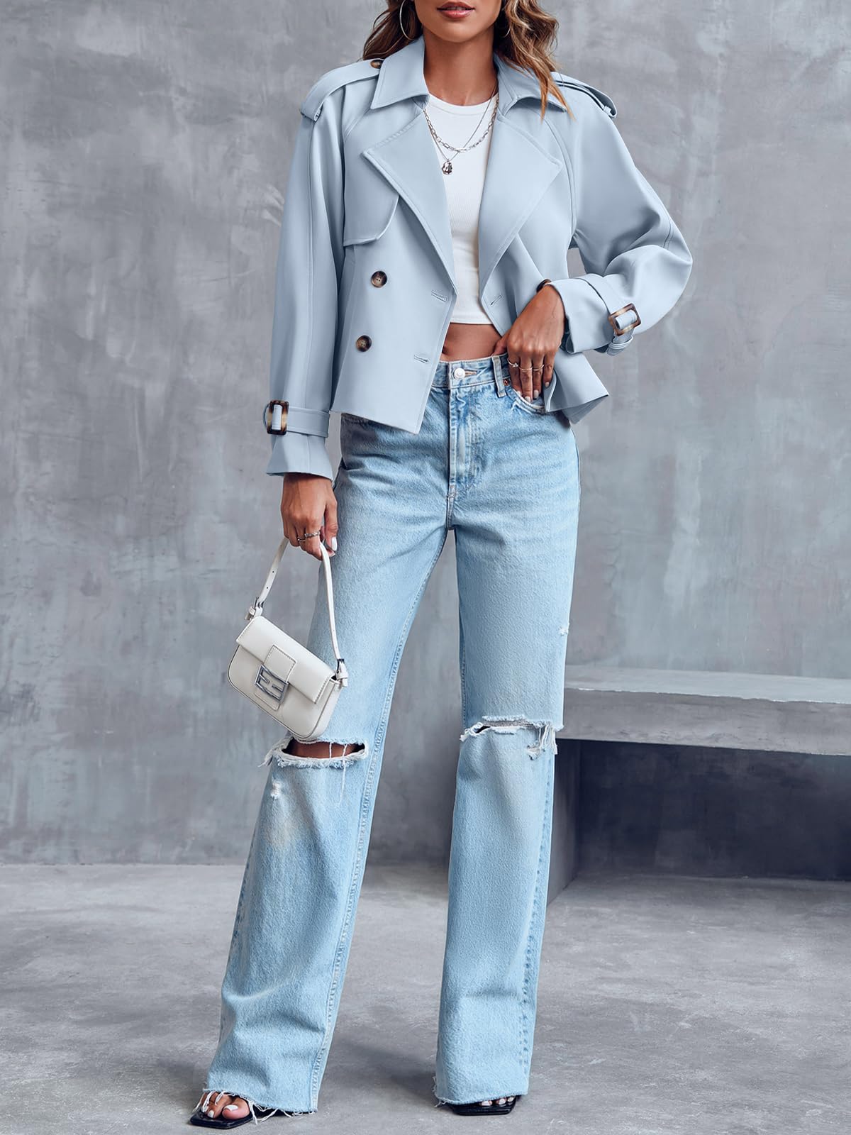 Women Crop Double Breasted Trench Coat Raglan Sleeve Work Office Cropped Jacket With Pockets