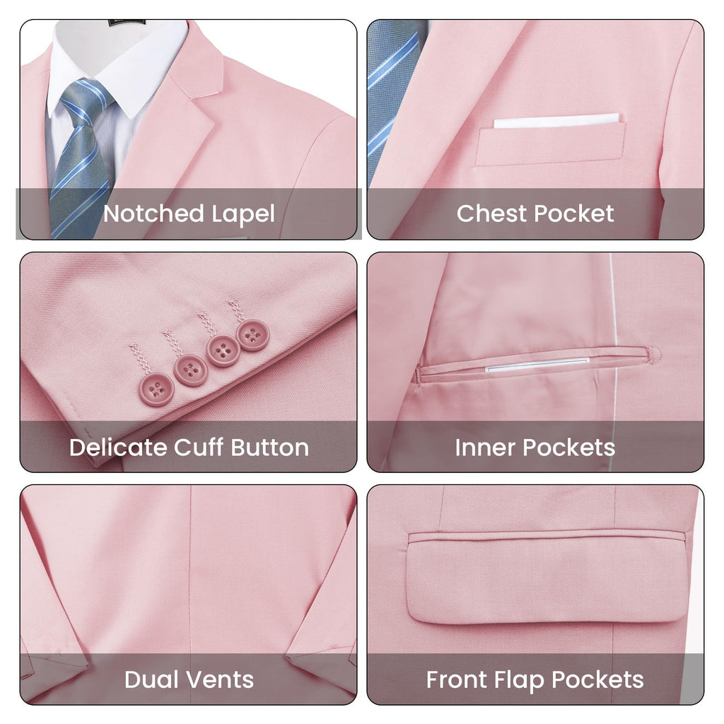 Mens Two Button 3-Piece Suits Slim Fit Tuxedo Set with Blazer Jacket Vest & Pants for Wedding Prom Business