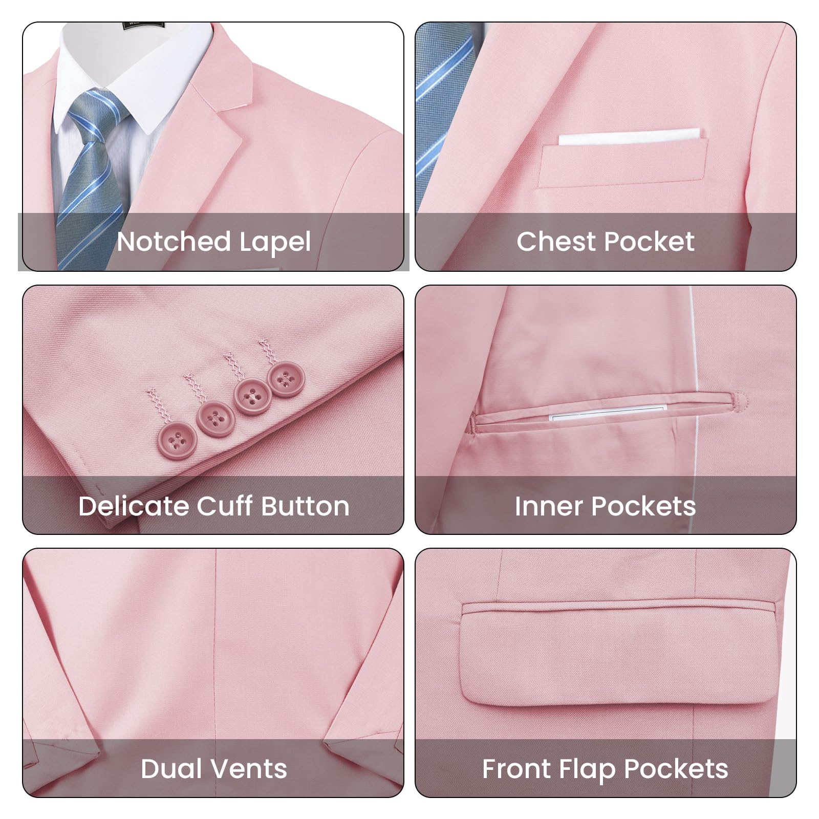 Mens Two Button 3-Piece Suits Slim Fit Tuxedo Set with Blazer Jacket Vest & Pants for Wedding Prom Business