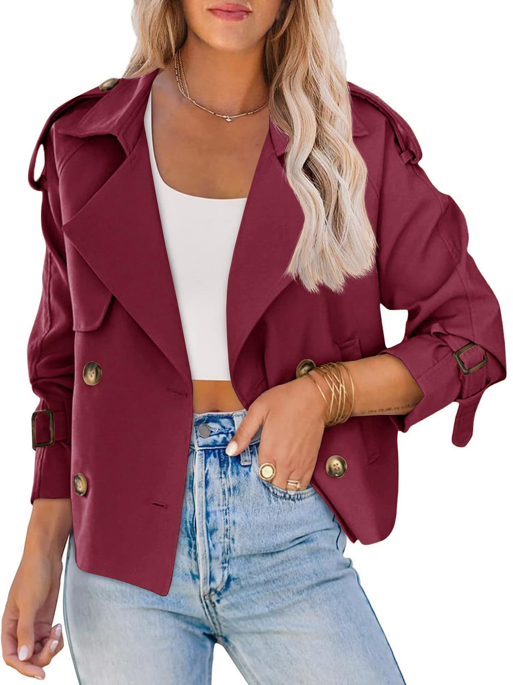 Women Crop Double Breasted Trench Coat Raglan Sleeve Work Office Cropped Jacket With Pockets