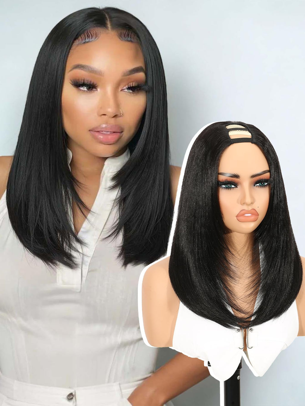 Yaki Straight Layered U Part Wigs V Part Glueless Clip in Half Wigs for Women Realistic Natural Looking Heat Resistant Synthetic Hair(24inch,Natural Black)