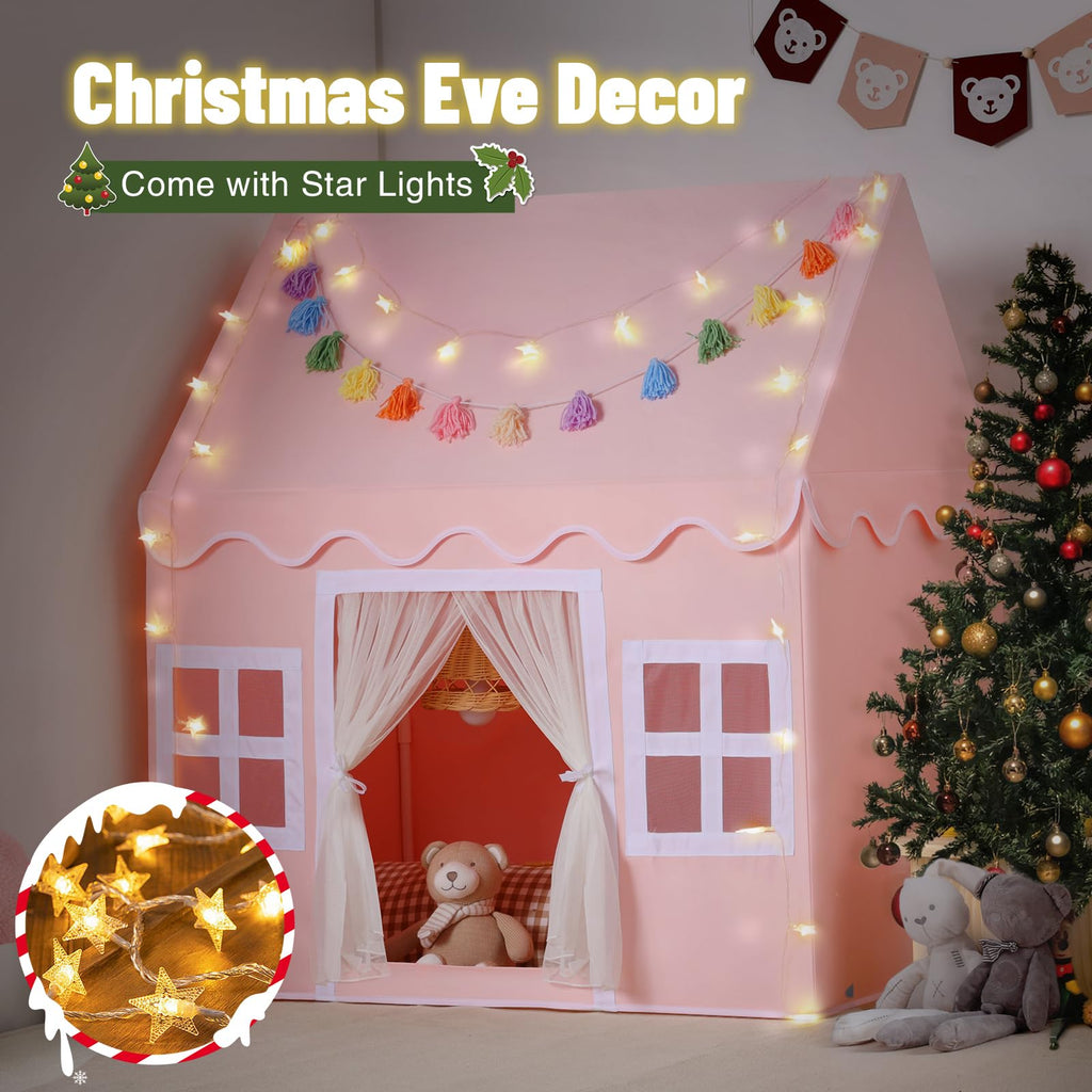 Kids Play Tent Indoor: with Mat, Tassel Garland, Star Lights - Girl Tent Indoor Playhouse for Kids Toys for Boy Girl Birthday Gift