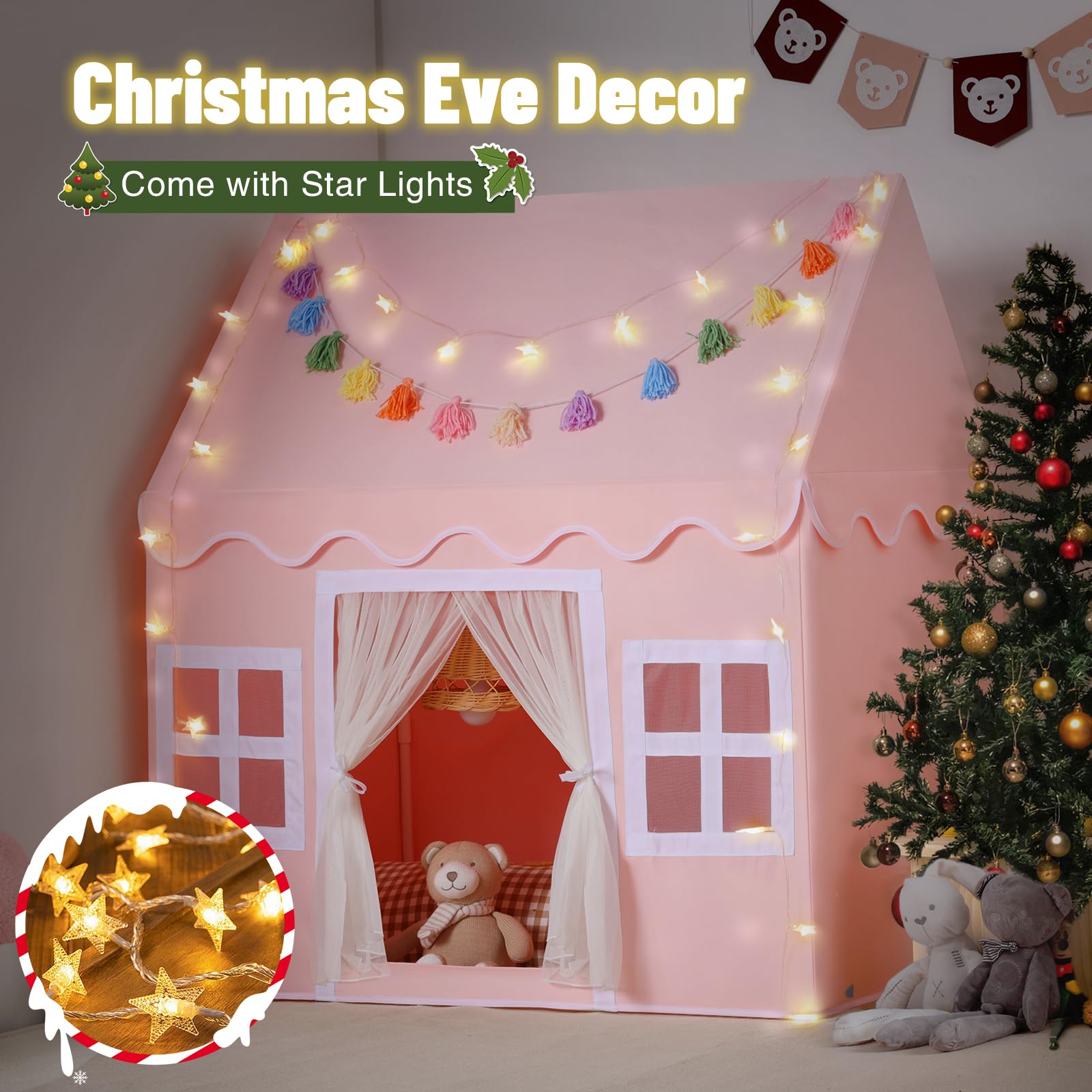 Kids Play Tent Indoor: with Mat, Tassel Garland, Star Lights - Girl Tent Indoor Playhouse for Kids Toys for Boy Girl Birthday Gift