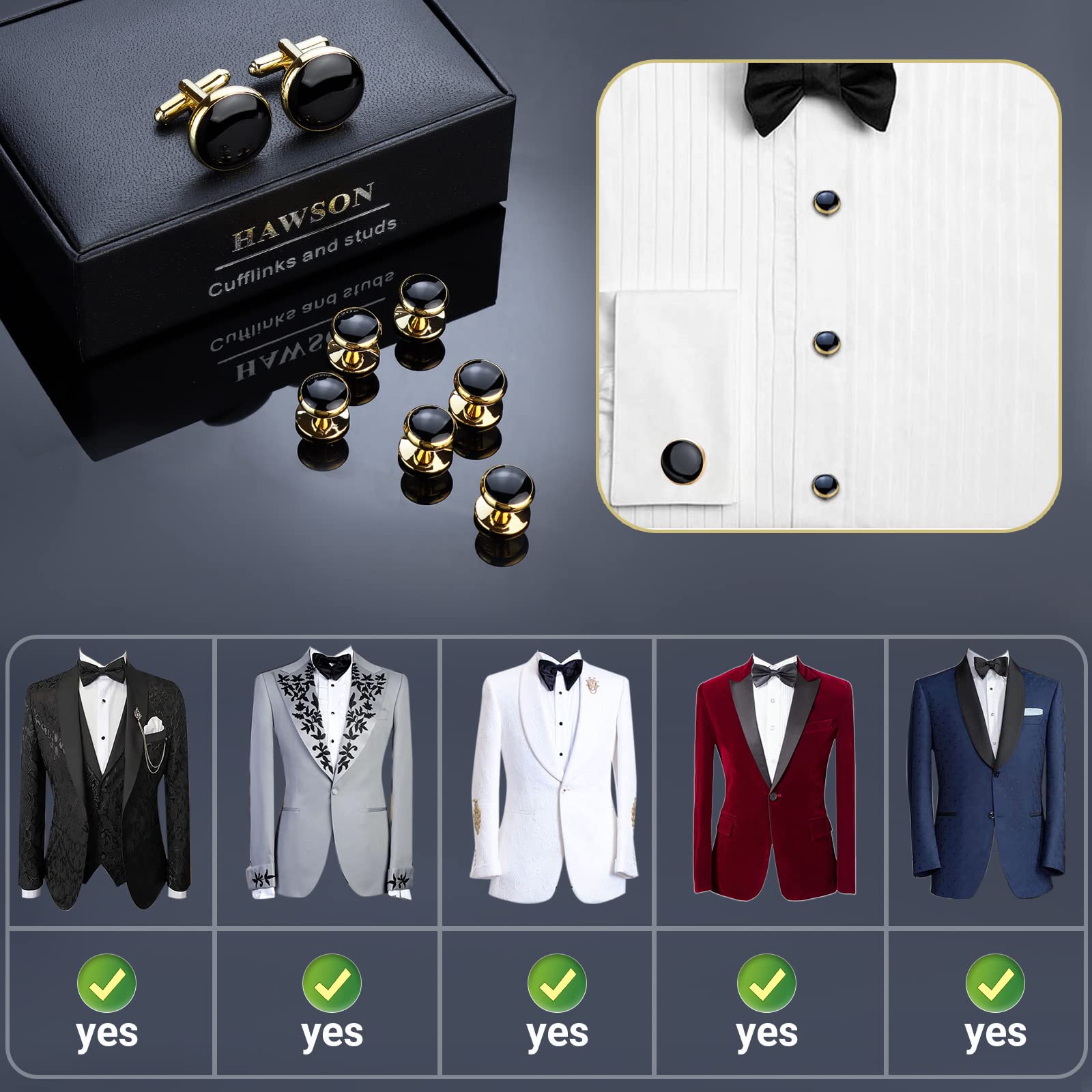 Men’s Cufflinks and Tuxedo Studs Set with Gift Box; Men’s Jewelry or Accessories Suitable for Black Suit White Shirts Vest and Red Bow tie on Wedding or Anniversary and Birthday