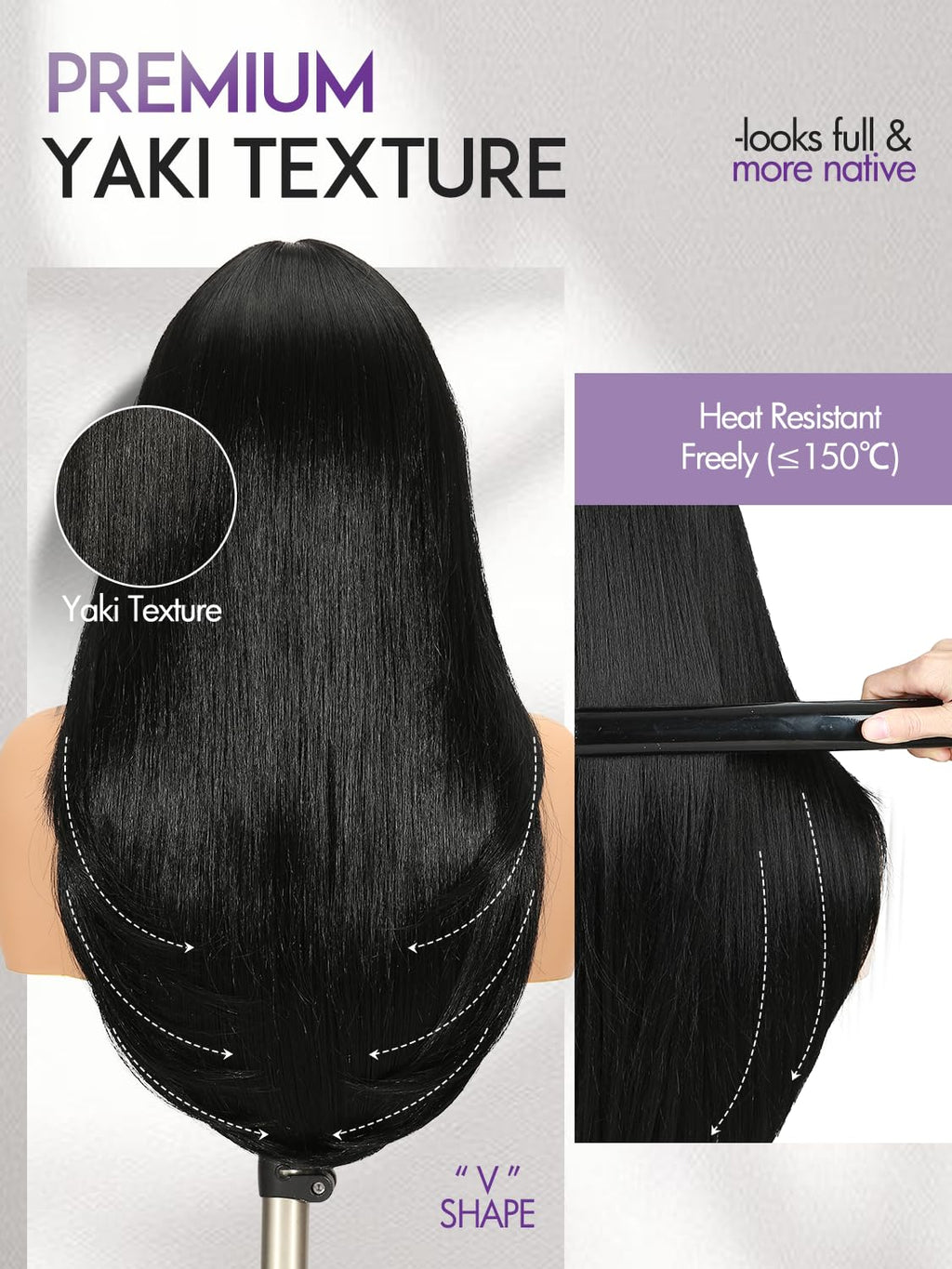 Yaki Straight Layered U Part Wigs V Part Glueless Clip in Half Wigs for Women Realistic Natural Looking Heat Resistant Synthetic Hair(24inch,Natural Black)