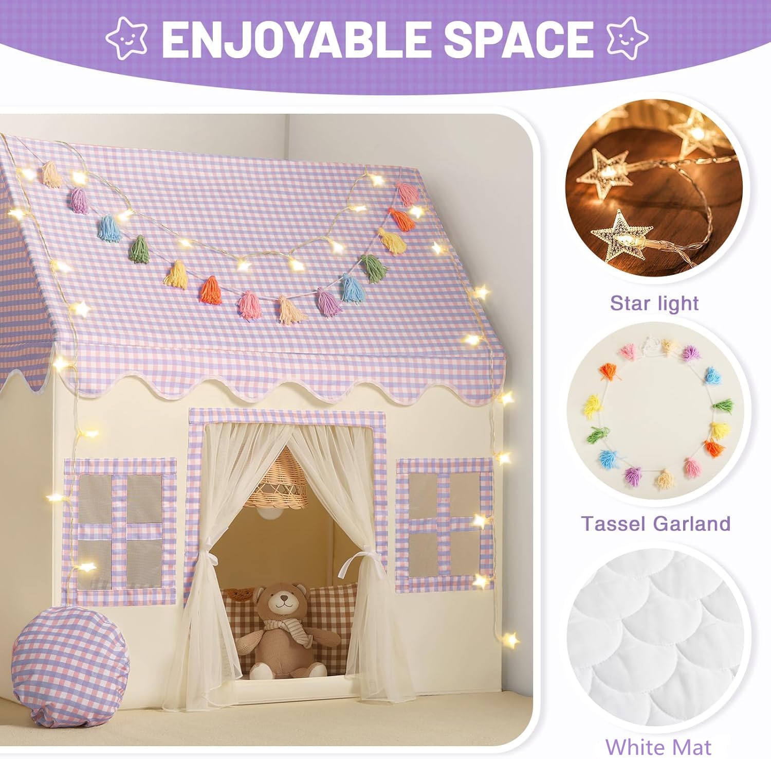 Kids Play Tent Indoor: with Mat, Tassel Garland, Star Lights - Girl Tent Indoor Playhouse for Kids Toys for Boy Girl Birthday Gift