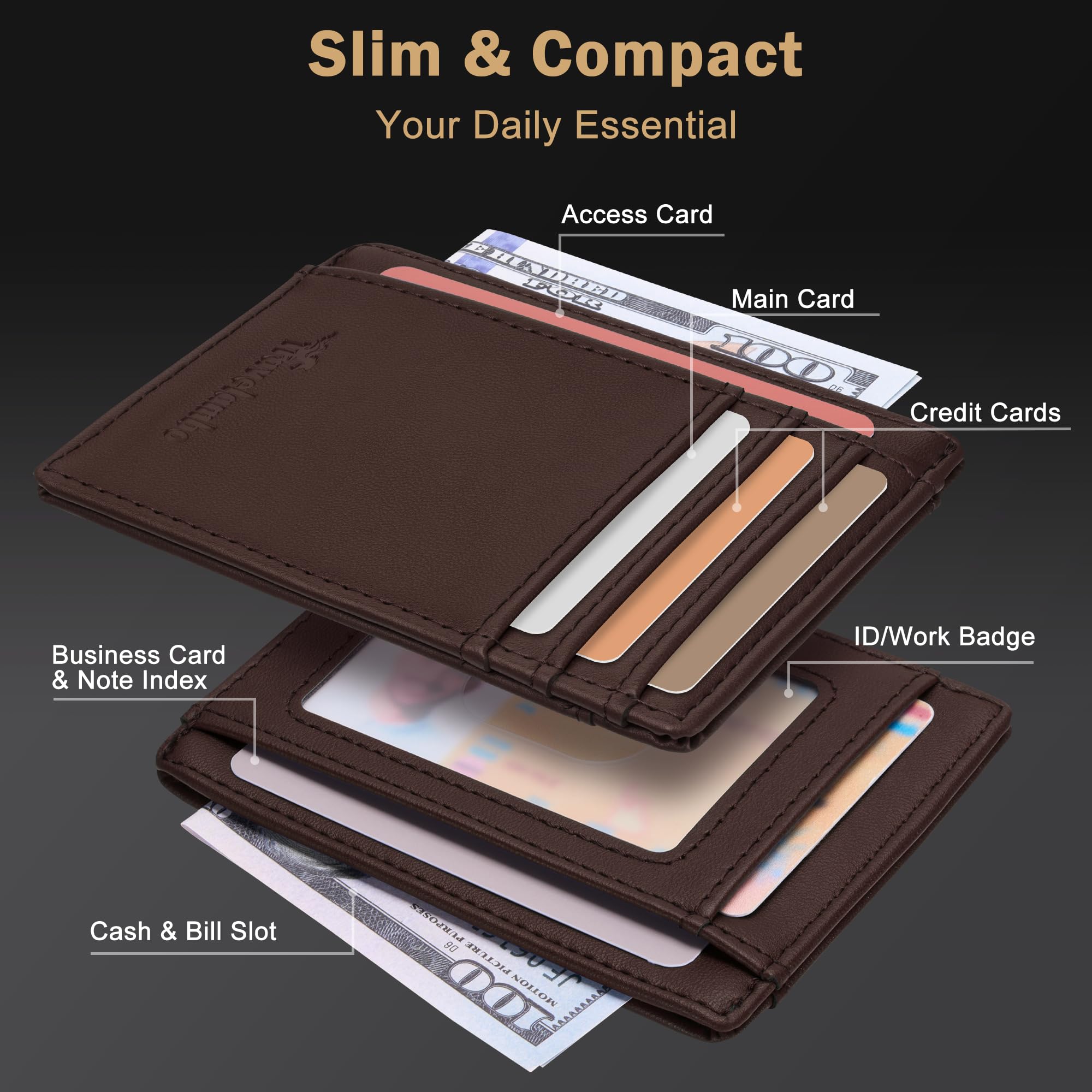 Slim Wallet Front Pocket Minimalist Leather RFID Blocking Medium Size