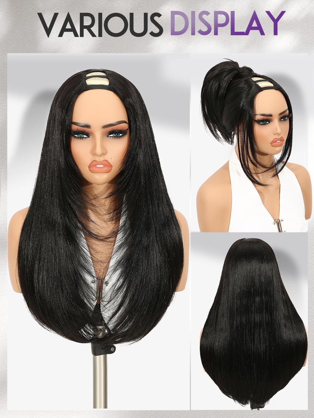 Yaki Straight Layered U Part Wigs V Part Glueless Clip in Half Wigs for Women Realistic Natural Looking Heat Resistant Synthetic Hair(24inch,Natural Black)