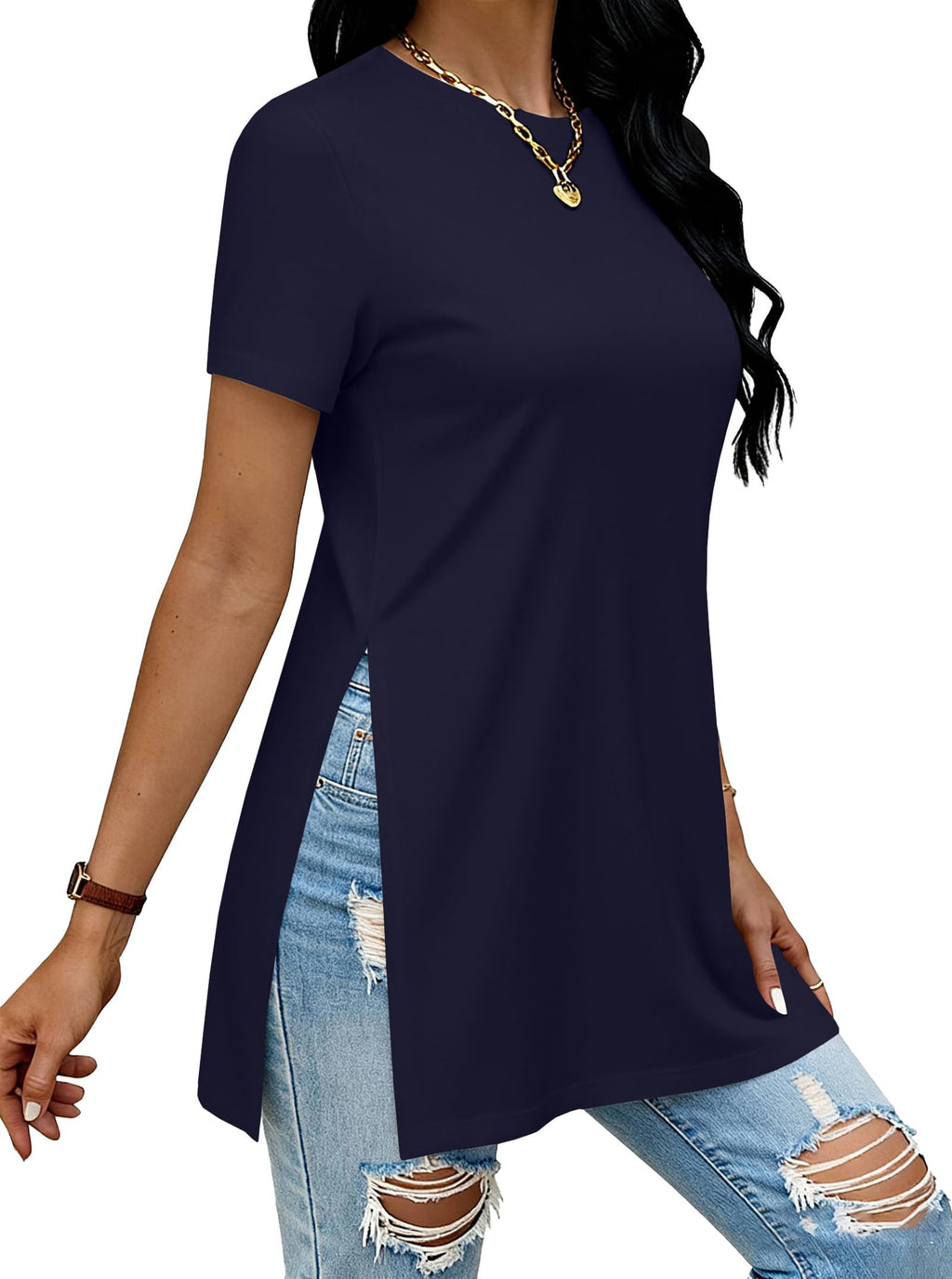 Remidoo Side Slit Tees for Women Tunic Tops Crewneck Long T Shirt Loose Fit Short Sleeve Tee