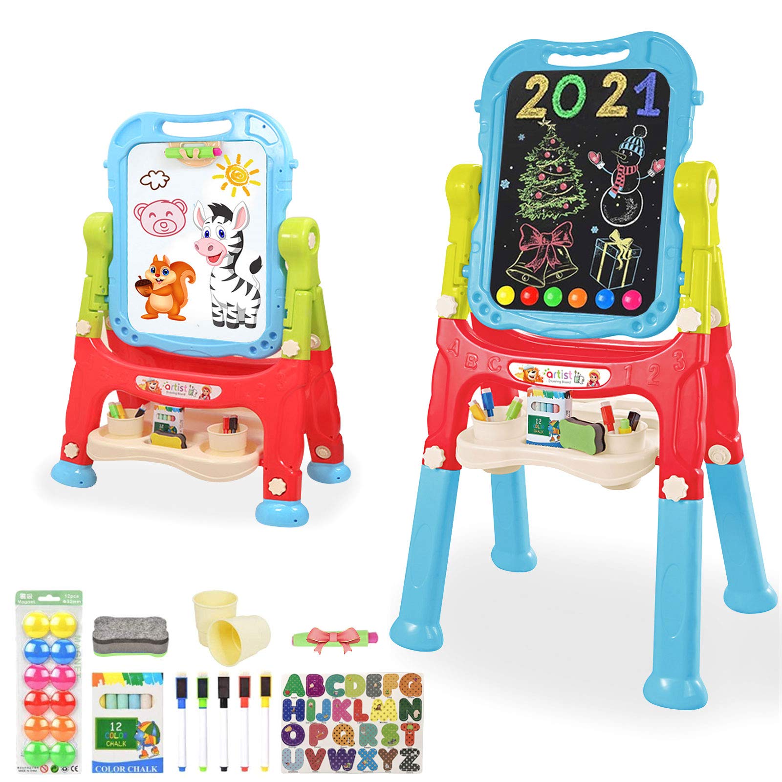 Mojitodon Art Easel for Kids, Adjustable Standing Rotatable Double Sided Easel with Painting Accessories for Toddlers Boys and Girls-Pink