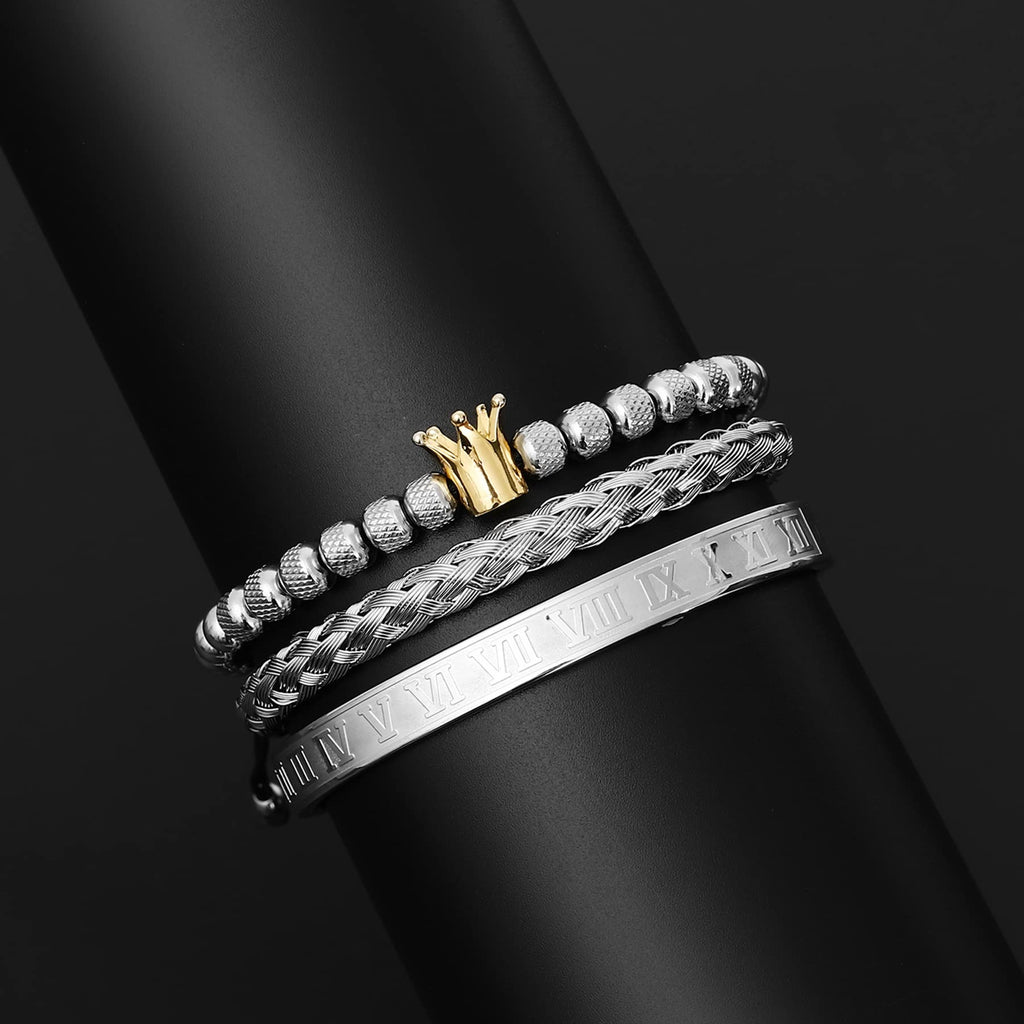 3PCS Stainless Steel Bracelets for Men Gold Roman Numeral Bangle Bracelet Twisted Cable Bracelet Adjustable Cuff Bracelet Mens Luxury Jewelry Bracelets Gifts