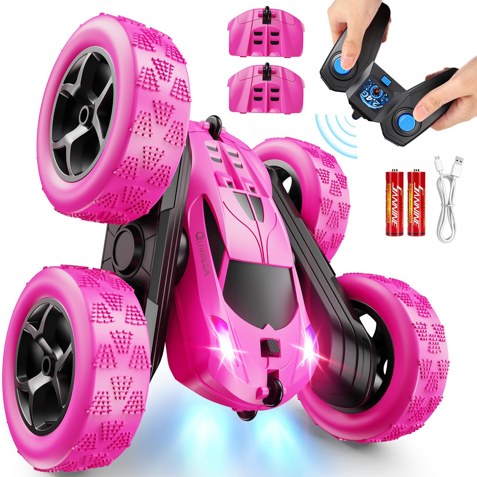 QUNREDA RC Cars, Pink Remote Control Car for Girls, 2.4 GHZ Double Sided RC Stunt Car 360° Rotating Remote Control Crawler with Headlights Car Toys for 6 7 8 9 10 11 12 Girls Birthday Gift Grandkids