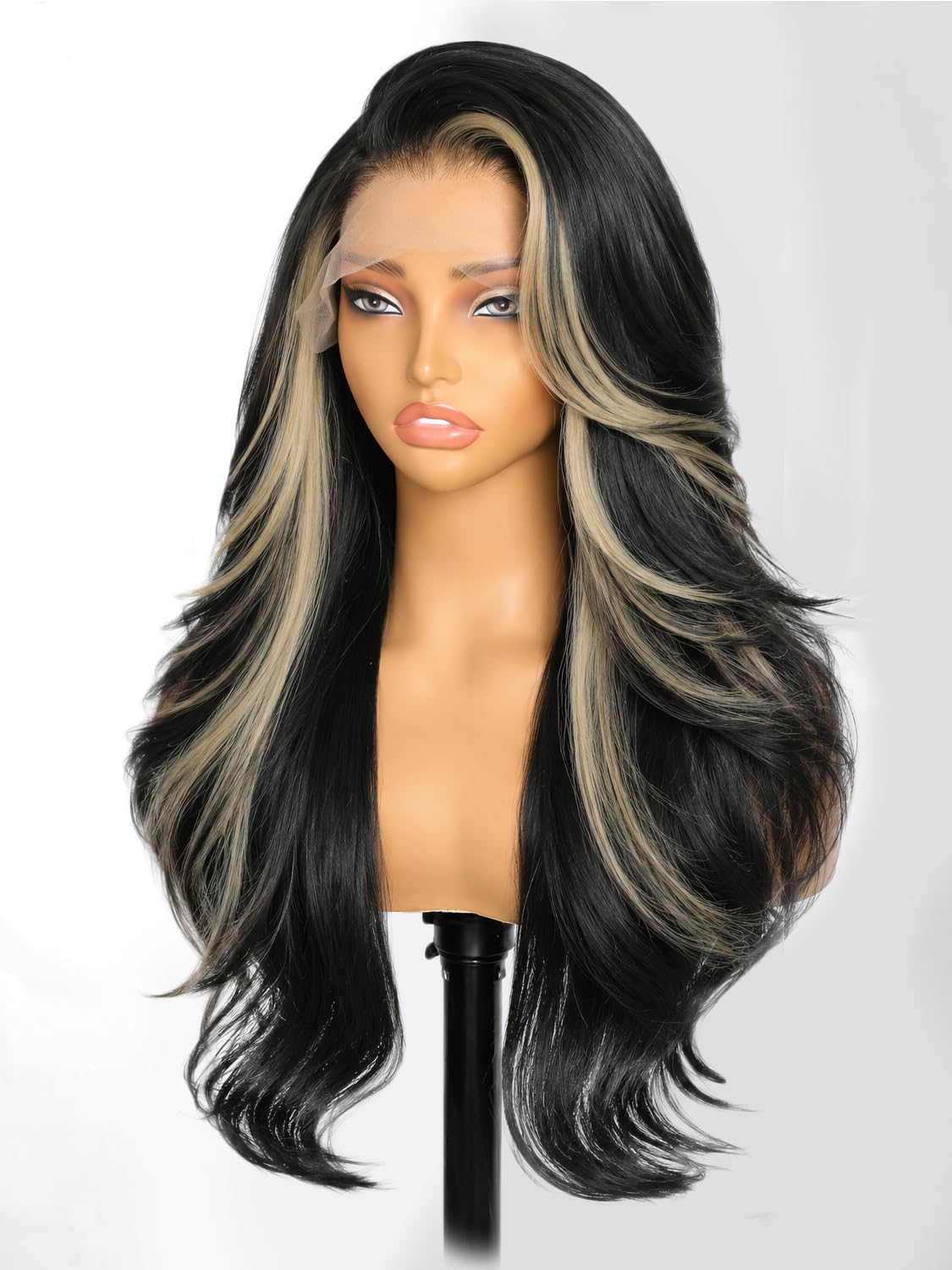 13x4 HD Lace Front Glueless Wigs for Women Black Long Layered Wave Wig Natural Hairline Heat Resistant Synthetic for Daily Use Beginner Friendly 26 Inch