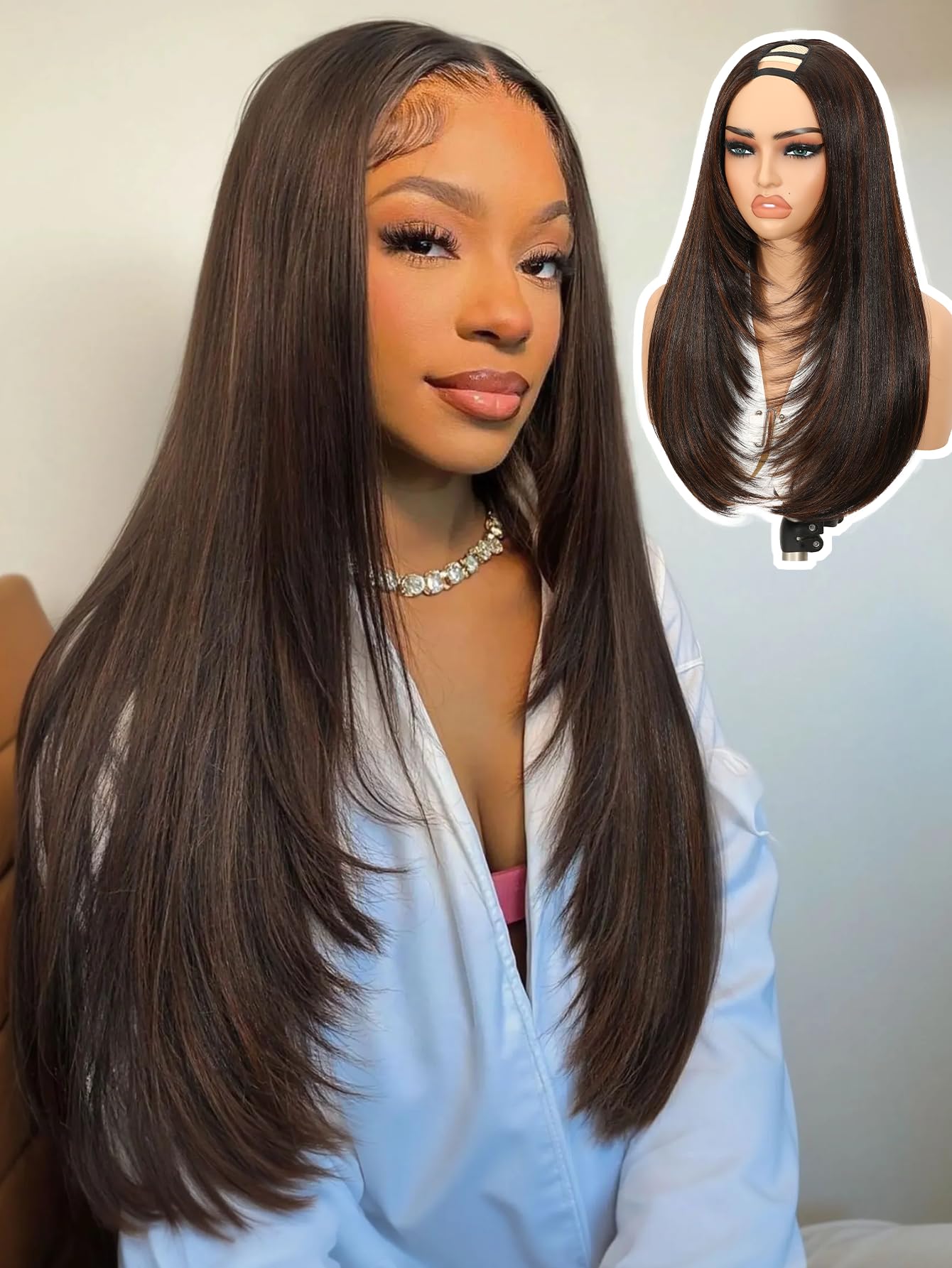 Yaki Straight Layered U Part Wigs V Part Glueless Clip in Half Wigs for Women Realistic Natural Looking Heat Resistant Synthetic Hair(24inch,Natural Black)