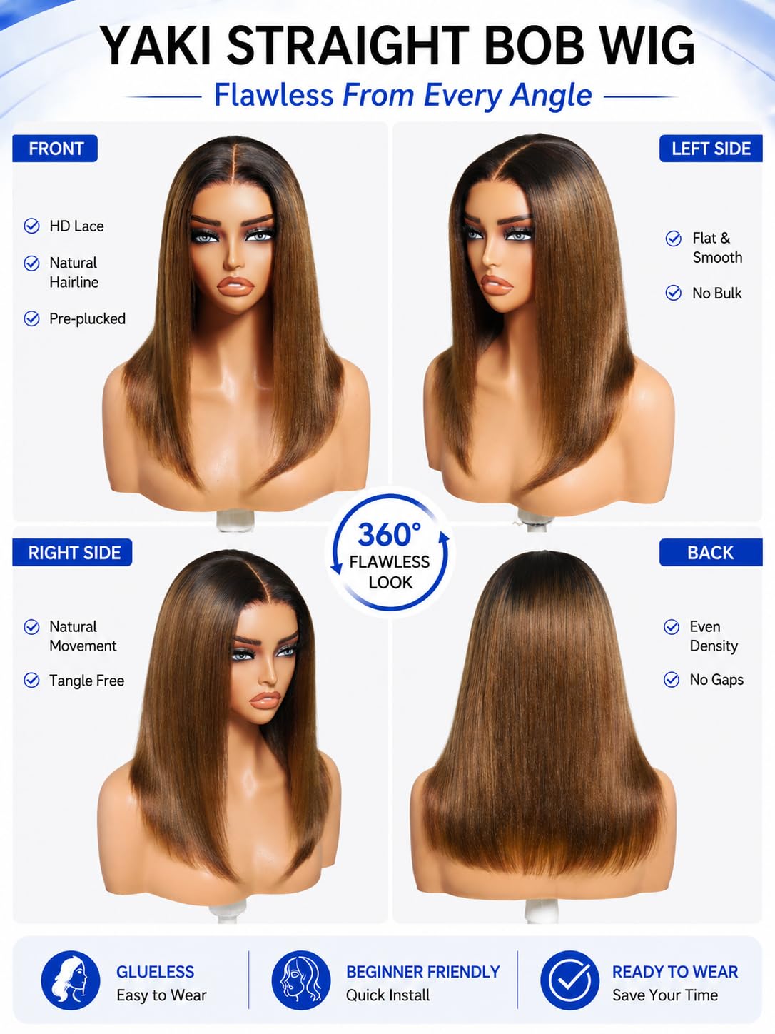 No Slip Yaki Straight Bob Drawstring Wig Human Hair with Flexible Mesh Cap,Glueless Upgrade 7x5 Bye Bye Knots Wig Pre Cut/Plucked/Bleached Ready to Go Short Yaki Bob Wig 180% Density 10inch