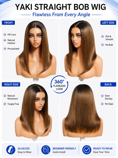 No Slip Yaki Straight Bob Drawstring Wig Human Hair with Flexible Mesh Cap,Glueless Upgrade 7x5 Bye Bye Knots Wig Pre Cut/Plucked/Bleached Ready to Go Short Yaki Bob Wig 180% Density 10inch