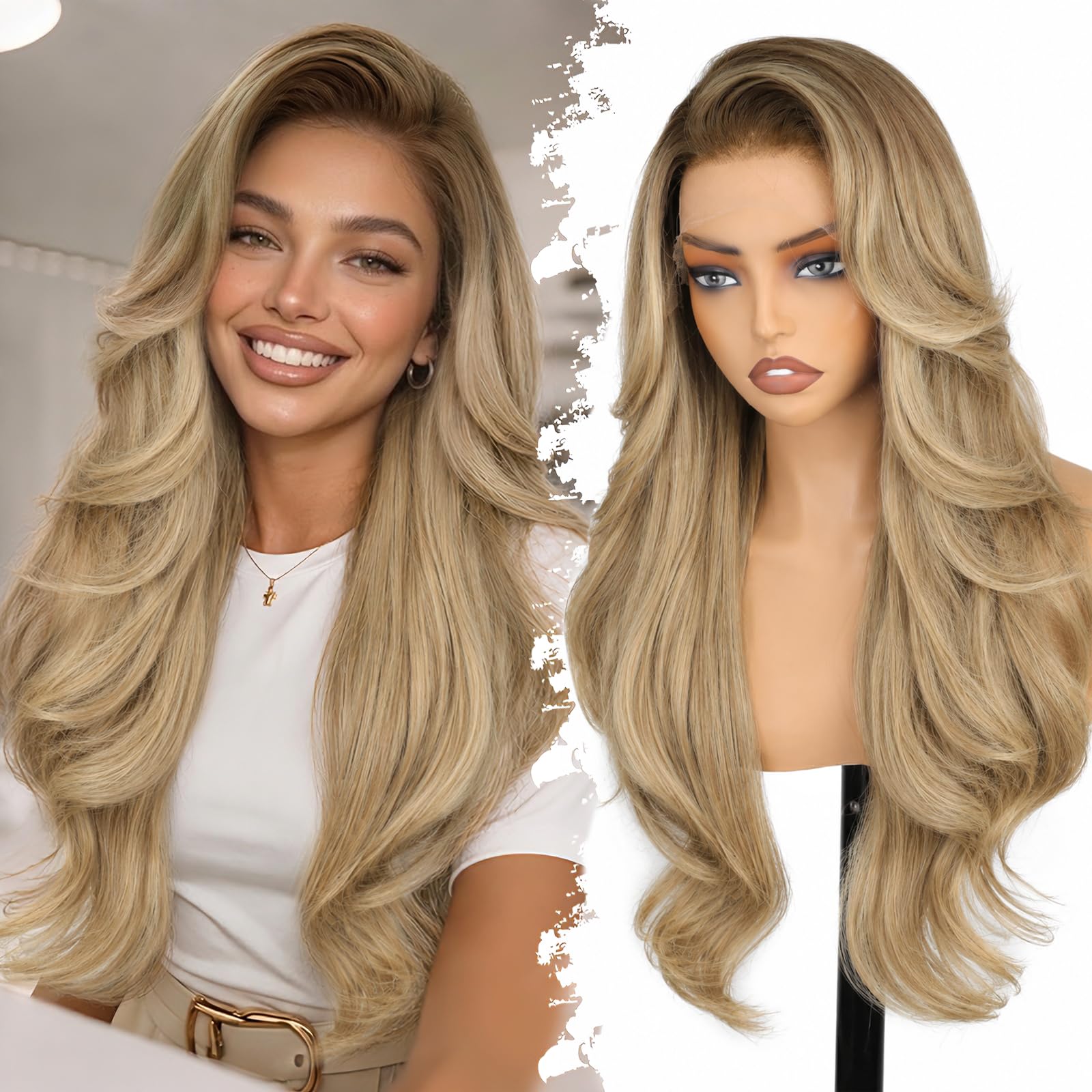 13x4 HD Lace Front Glueless Wigs for Women Black Long Layered Wave Wig Natural Hairline Heat Resistant Synthetic for Daily Use Beginner Friendly 26 Inch