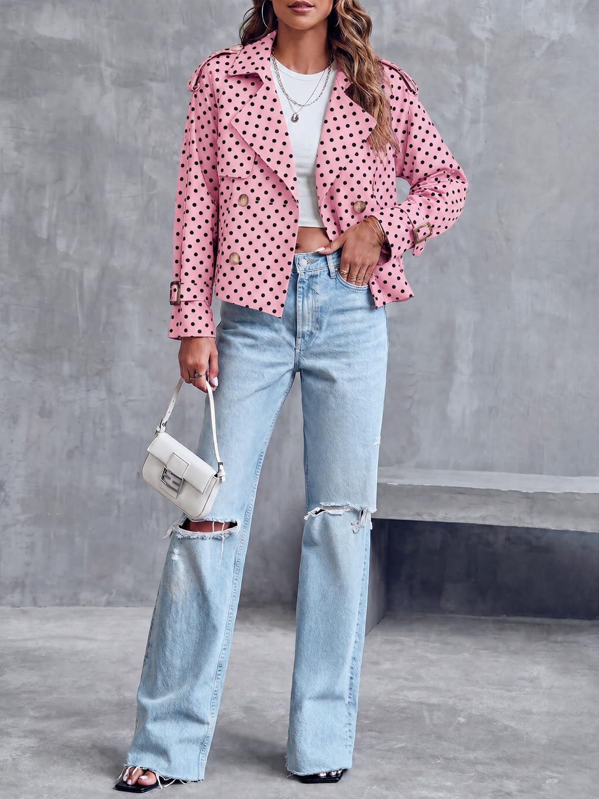 Women Crop Double Breasted Trench Coat Raglan Sleeve Work Office Cropped Jacket With Pockets