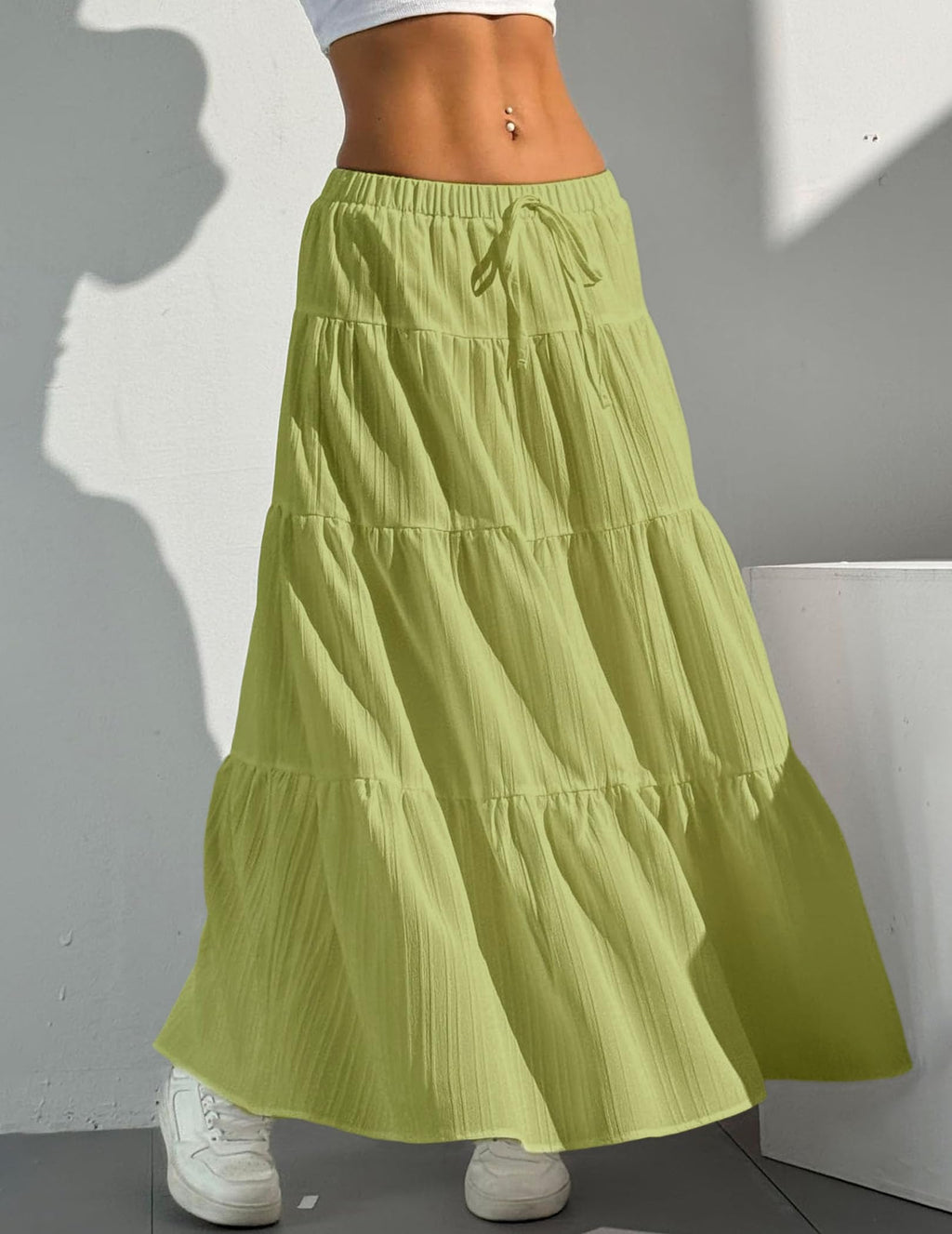 Women's Boho Flowy White Maxi Skirt Flared Ruffle Elastic Waist Summer A Line 2026 Spring Long Skirts