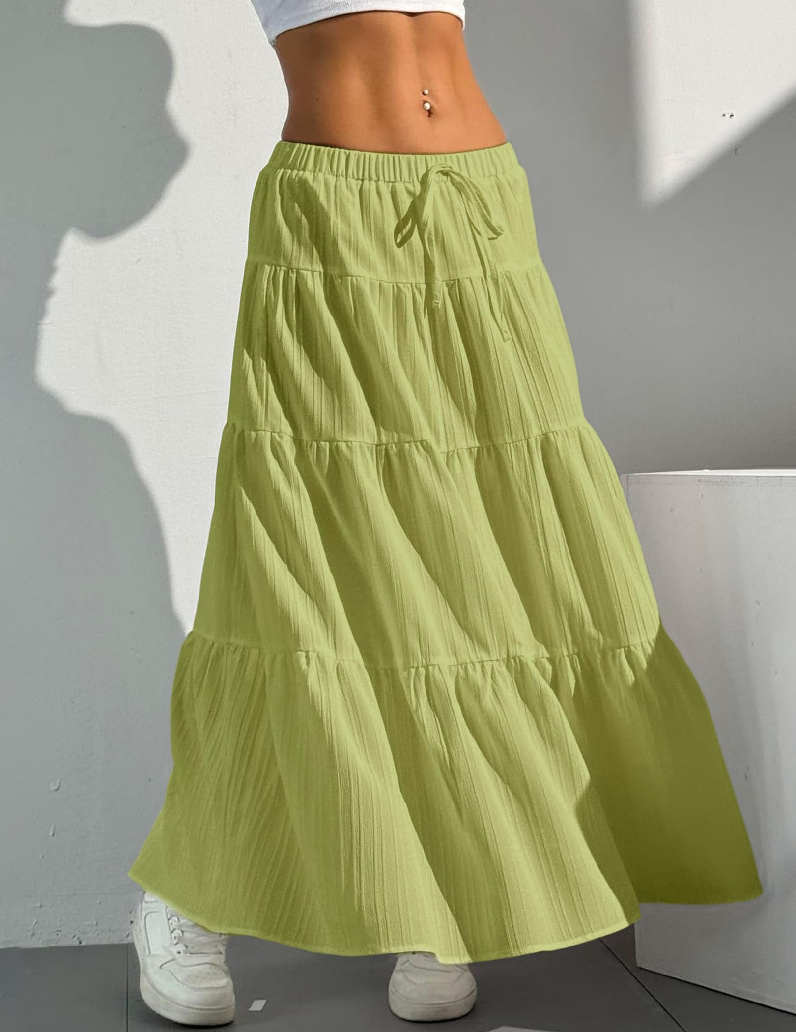 Women's Boho Flowy White Maxi Skirt Flared Ruffle Elastic Waist Summer A Line 2026 Spring Long Skirts