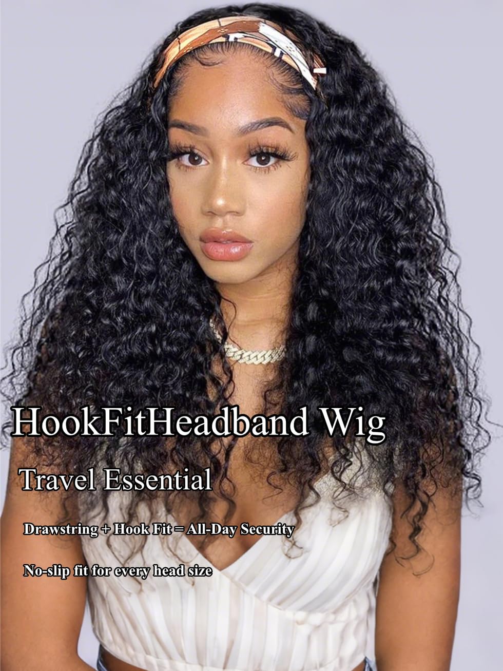 Water Wave Headband Wig Human Hair with Drawstring No-Slip Glueless Headband Half Human Hair Wig 150% Density Natural Black 26 inch