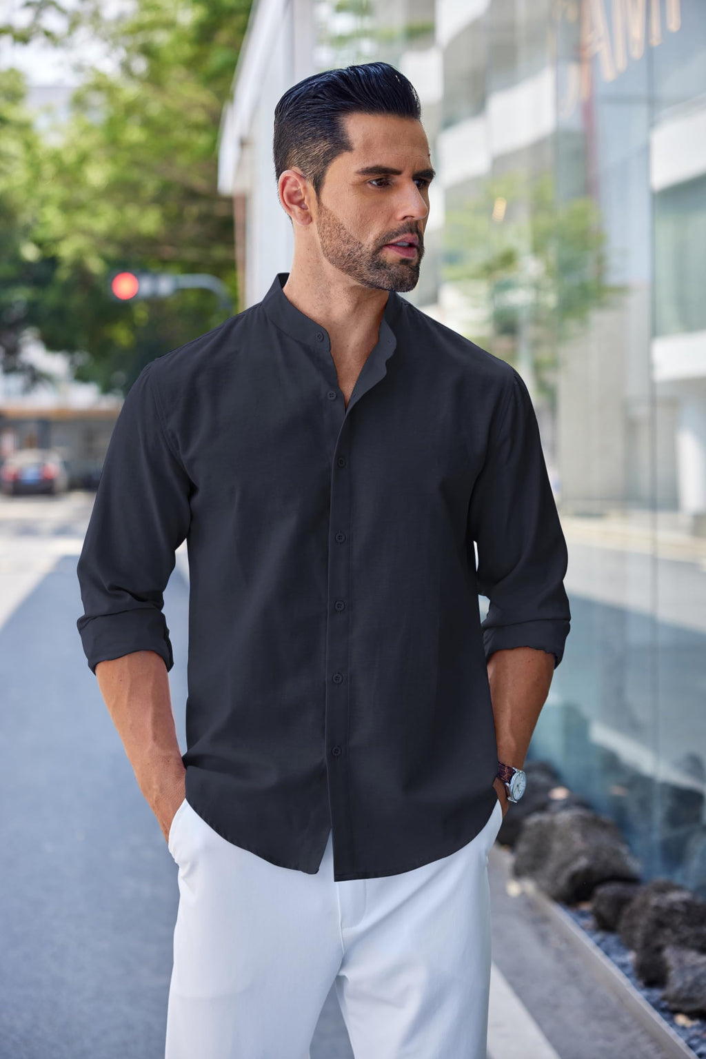 Men's Long Sleeve Oxford Dress Shirts Button Down Shirt Casual Band Collar Shirts
