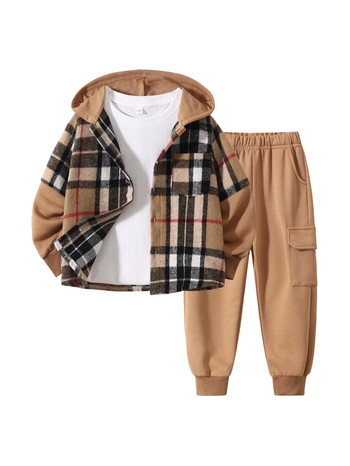 2Pcs Kids Boys Flannel Plaid Shirt Tops Pants Set Hoodie Sweatsuit for Fall Winter Spring Outfits 4-12 Years