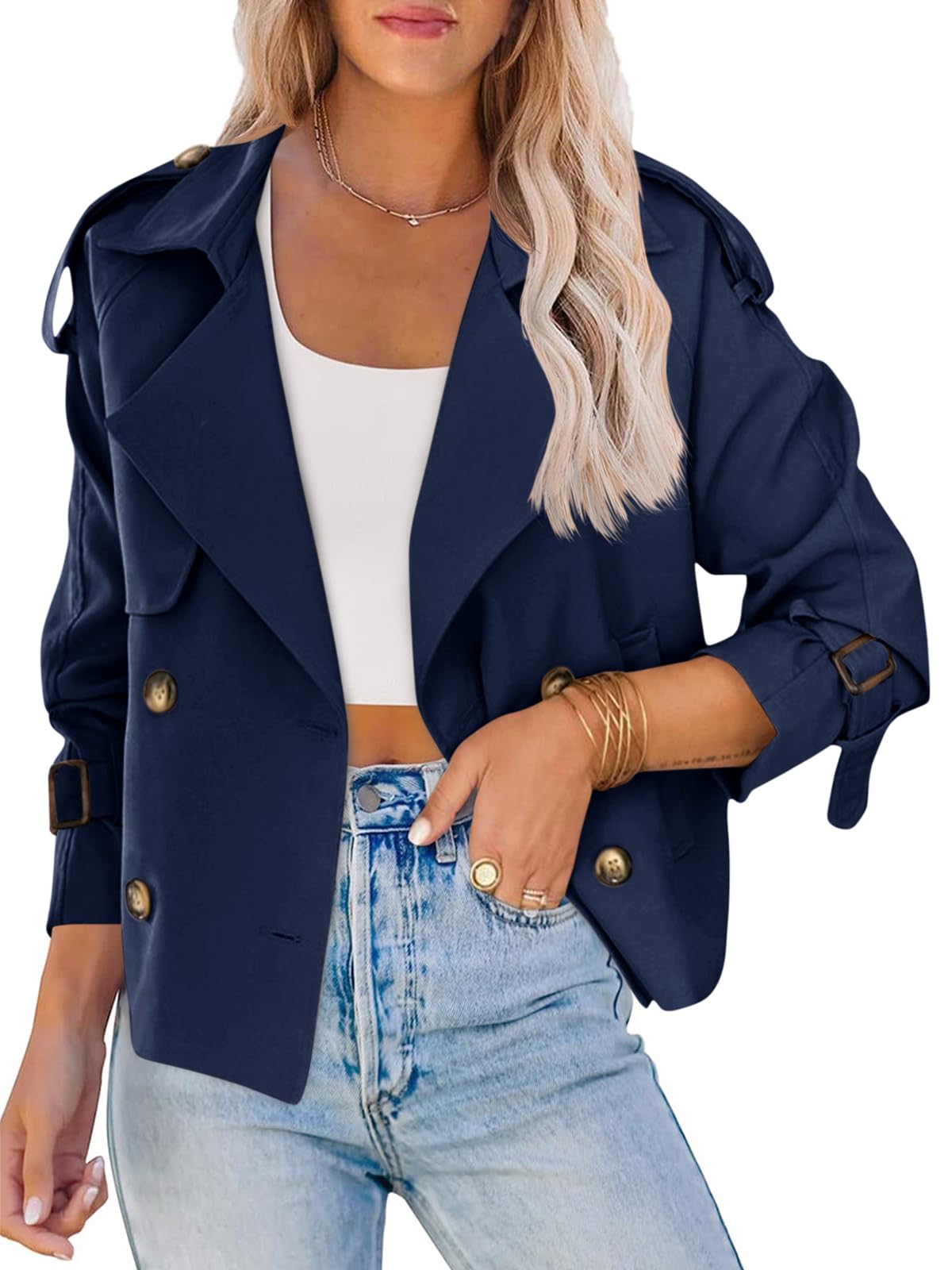 Women Crop Double Breasted Trench Coat Raglan Sleeve Work Office Cropped Jacket With Pockets