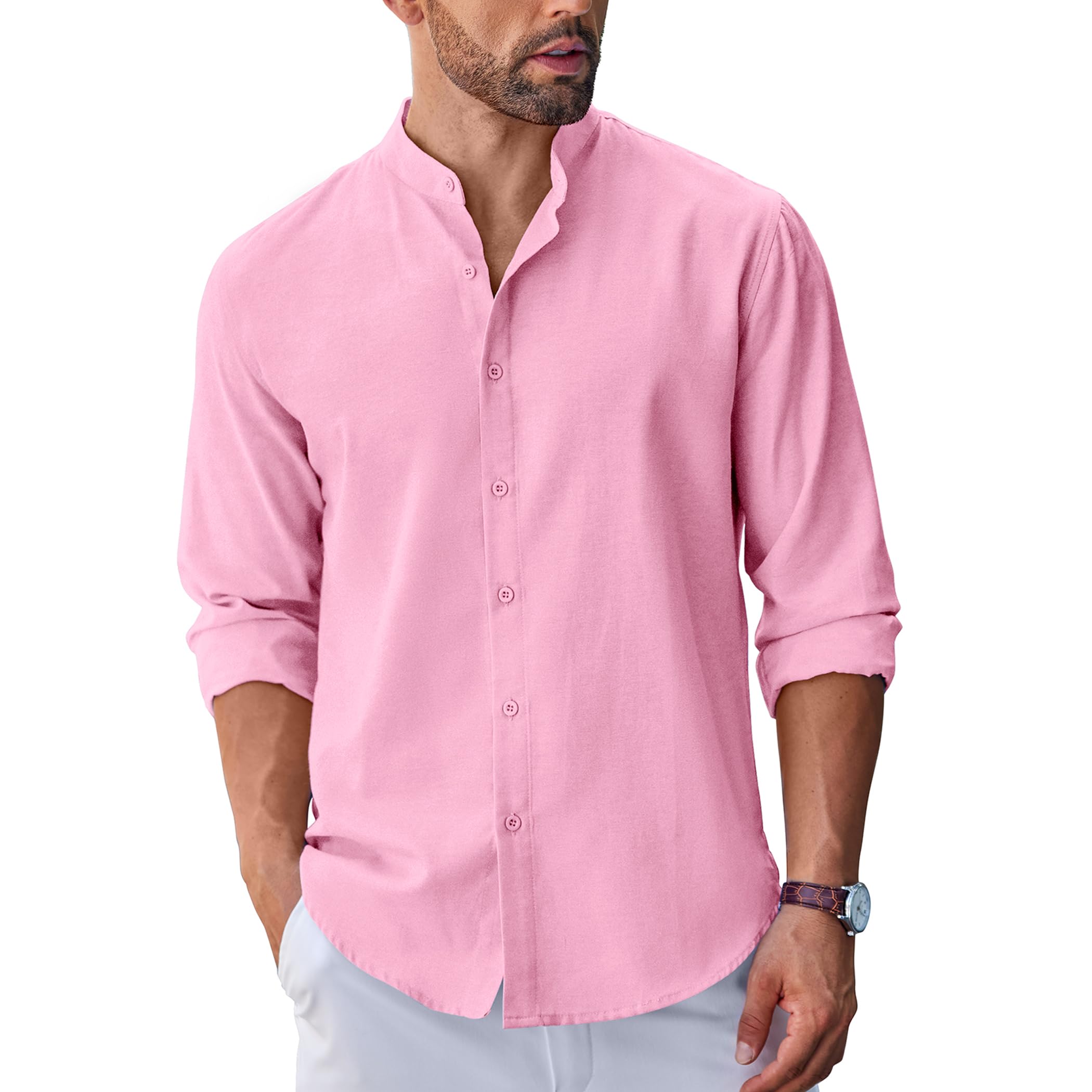 Men's Long Sleeve Oxford Dress Shirts Button Down Shirt Casual Band Collar Shirts