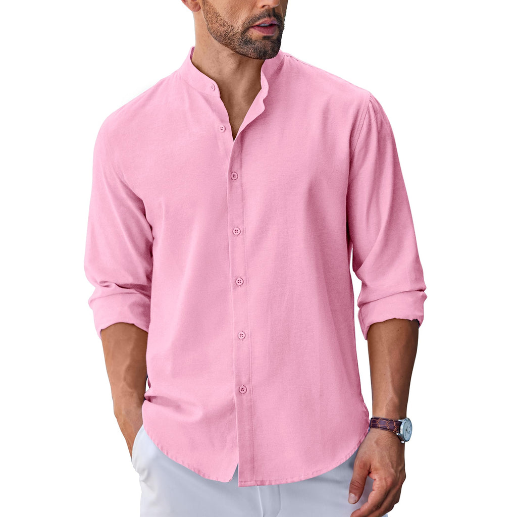 Men's Long Sleeve Oxford Dress Shirts Button Down Shirt Casual Band Collar Shirts
