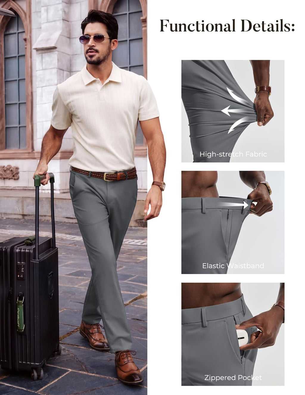 Mens Dress Pants 4-Way Stretch Tapered Trousers Extended Waist Dress Pant Casual Golf Pants