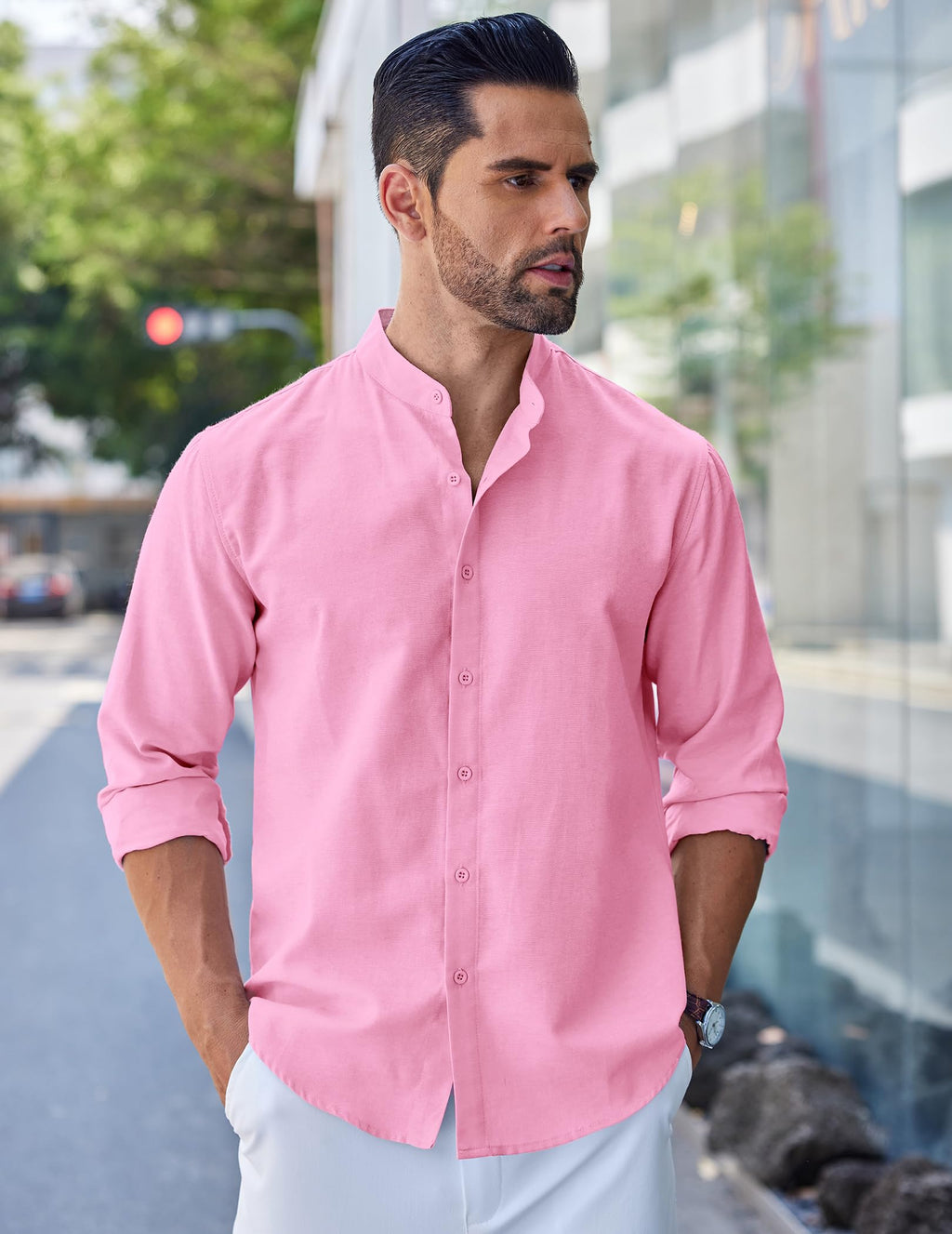 Men's Long Sleeve Oxford Dress Shirts Button Down Shirt Casual Band Collar Shirts