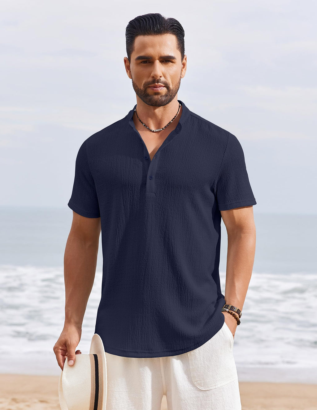 Men's Henley Shirt Short Sleeve Stand Collar Summer Casual Beach Hippie T-Shirts