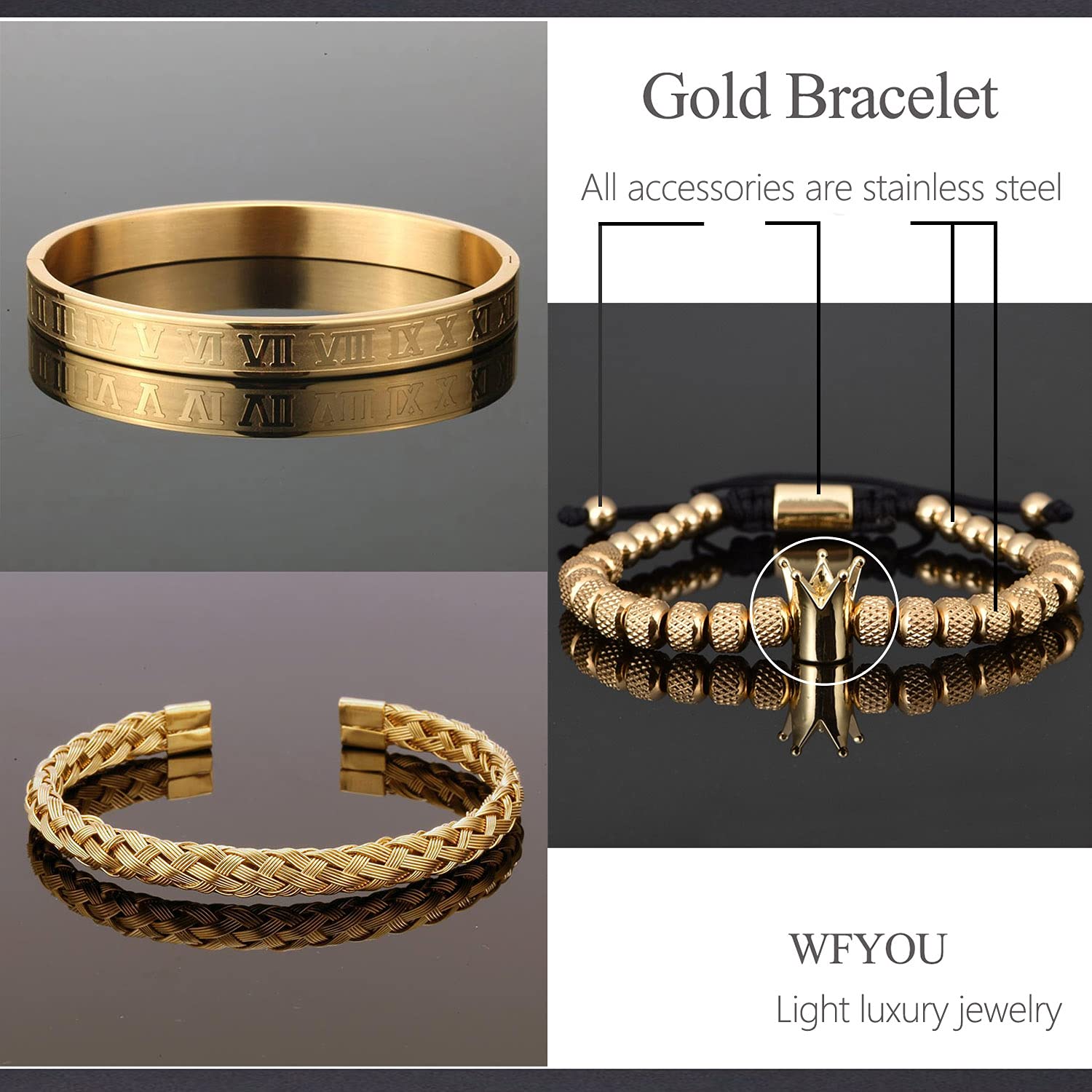 3PCS Stainless Steel Bracelets for Men Gold Roman Numeral Bangle Bracelet Twisted Cable Bracelet Adjustable Cuff Bracelet Mens Luxury Jewelry Bracelets Gifts