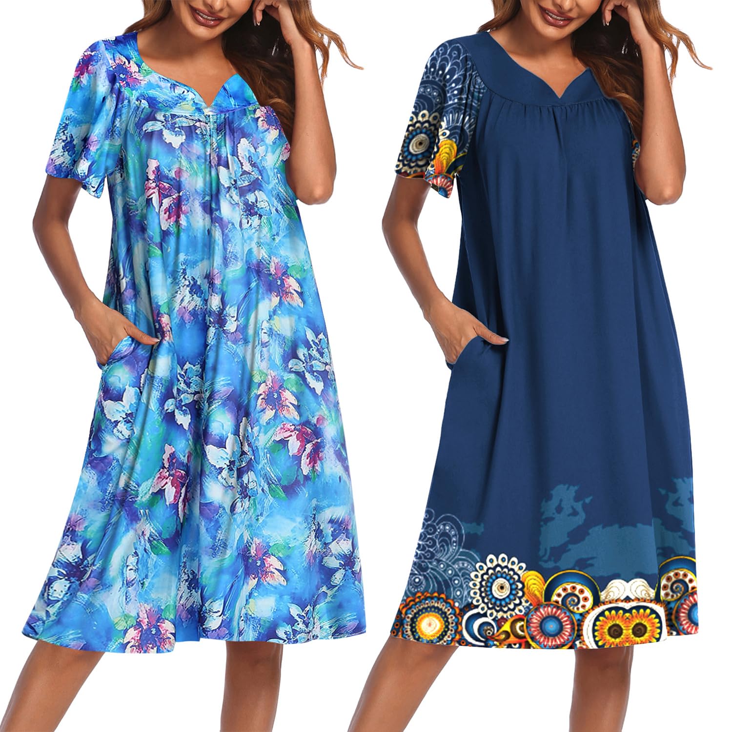 2 Pack House Dresses for Women with Pockets Short Sleeve Moo Moos Floral Print Mumu Dresses