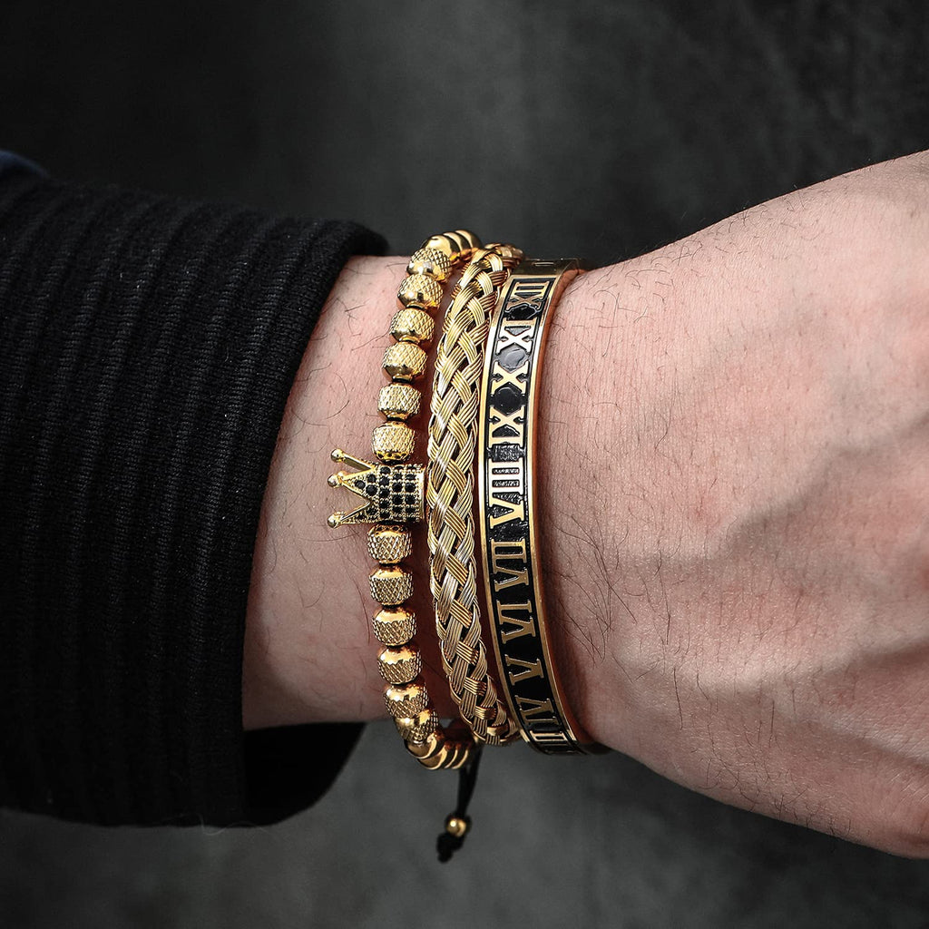 3PCS Stainless Steel Bracelets for Men Gold Roman Numeral Bangle Bracelet Twisted Cable Bracelet Adjustable Cuff Bracelet Mens Luxury Jewelry Bracelets Gifts