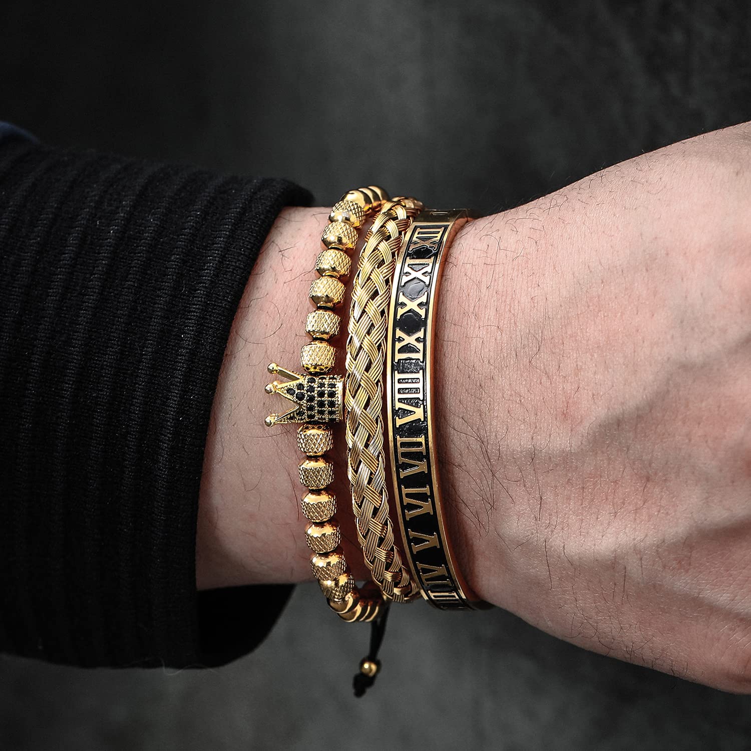 3PCS Stainless Steel Bracelets for Men Gold Roman Numeral Bangle Bracelet Twisted Cable Bracelet Adjustable Cuff Bracelet Mens Luxury Jewelry Bracelets Gifts