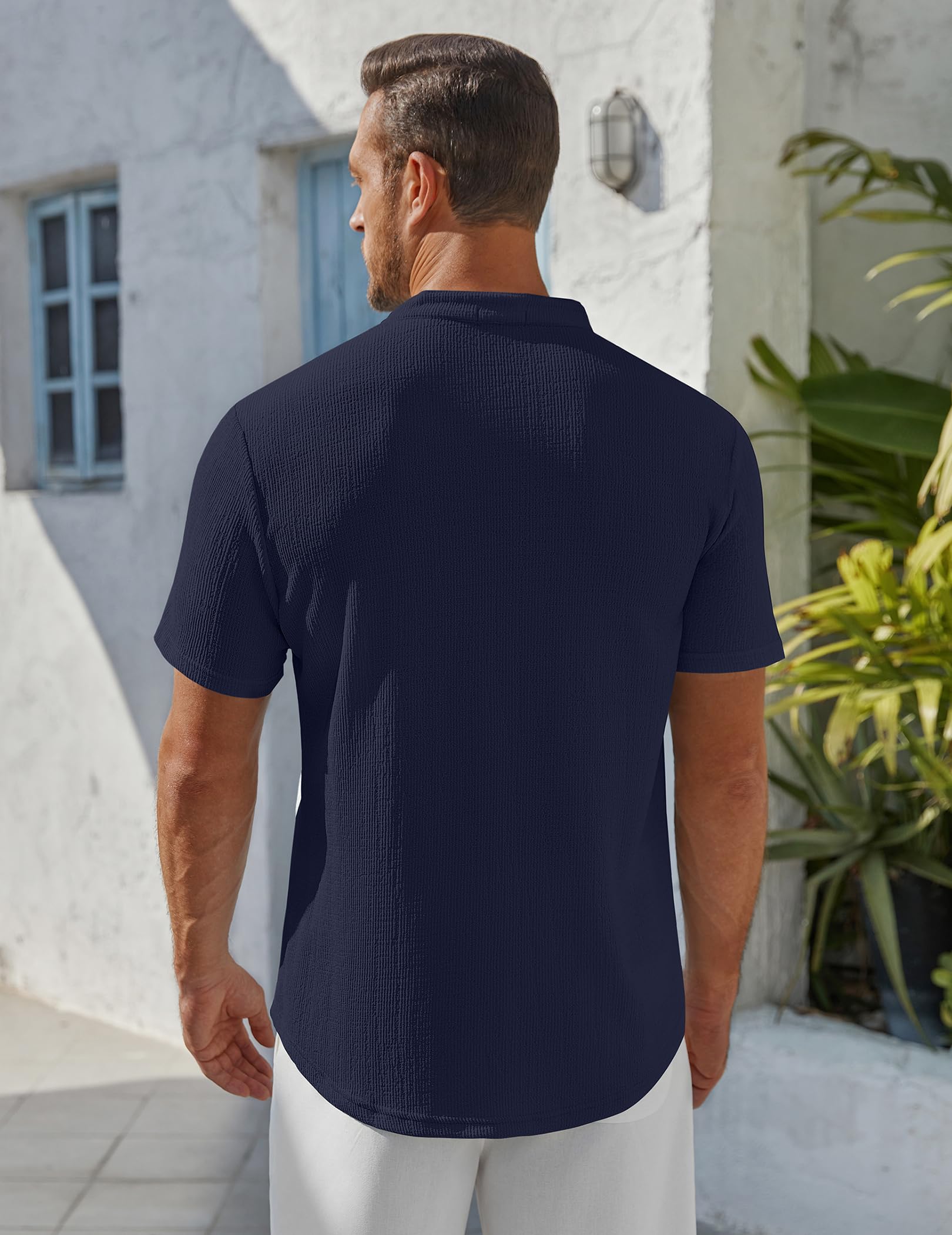 Men's Henley Shirt Short Sleeve Stand Collar Summer Casual Beach Hippie T-Shirts