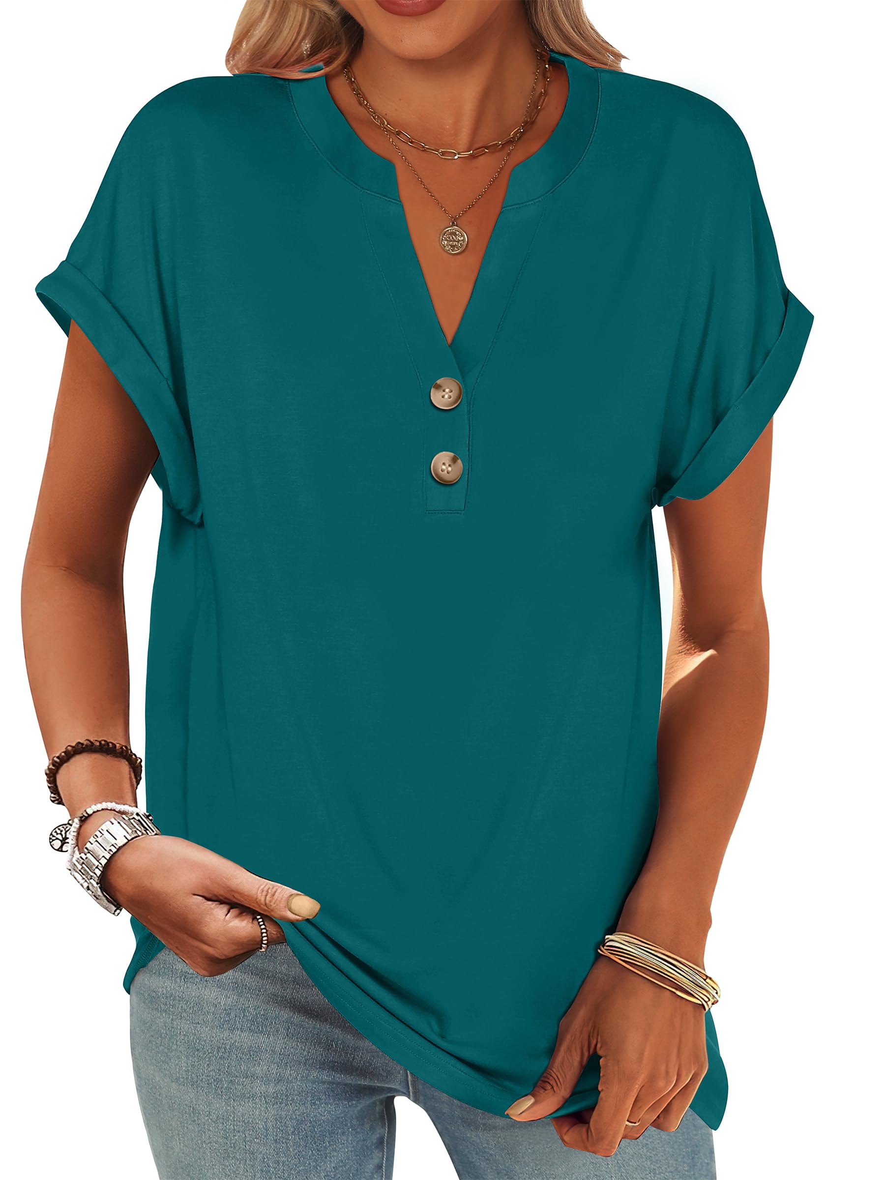ANRABESS Womens Short Sleeve Henley Tops V Neck Dressy Casual Blouses Summer Trendy Tee Shirts 2026 Vacation Fashion Clothes