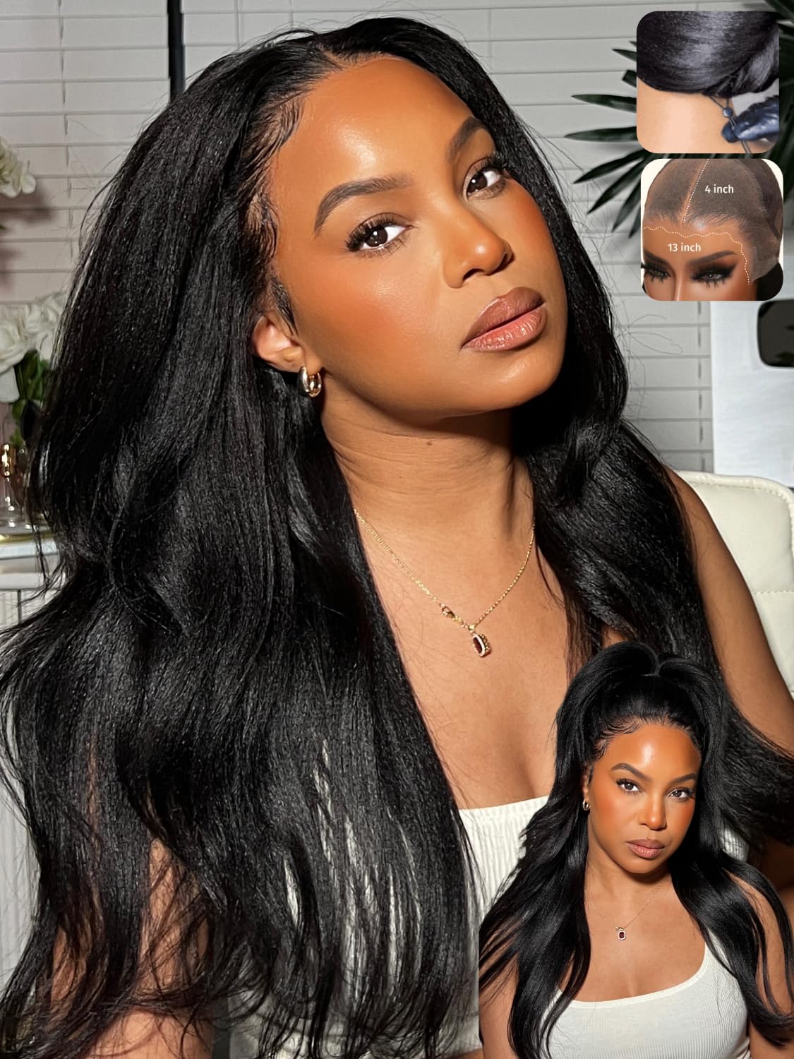 Golden Brown Highlight Glueless Yaki Straight Precut 7x5 Lace Front Wigs Human Hair Drawstring Ombre Pre Plucked Bleached Knots 30S Ready to Wear and Go Wig with Dark Roots 16Inch